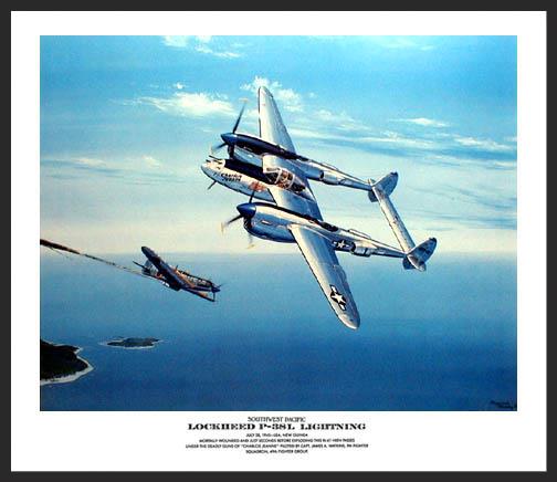 The first in a series of prints known as "Southwest Pacific", this scene portrays a Lockheed P-38L Lightning passing a Japanese Ki-61 "Tony" fighter that it has just mortally wounded off the coast of New Guinea.