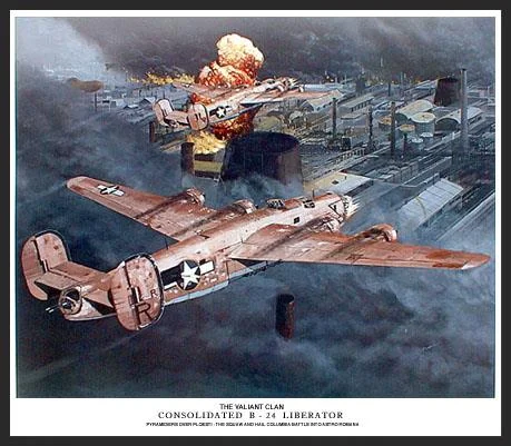 On August 1, 1943, 178 Liberators made a famous low-level bombing raid on the oil refineries at Ploesti, Rumania. This scene shows John R. "Killer" Kane's B-24 named "Hail Columbia" and another Pyramidier B-24 "The Squaw" making their attack through the thick smoke over the target. These B-24s have a cluster of 50-caliber machine guns mounted in their nose which clears a swath before them.