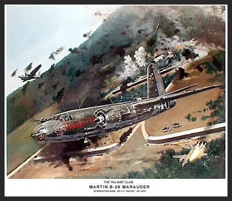  Despite its reputation as a "widow maker", the B-26 proved to be a great bomber and a truly safe airplane. When the final numbers were in, the Marauder held the record for the lowest combat loss rate of all bombers, less than one-half of one percent. This painting shows the B-26 "Flak Bait" pulling up and away after making an attack run on a German V-1 launching site. "Flak Bait" flew no less than 202 combat missions and is now on display in the National Air and Space Museum in Washington D.C.
