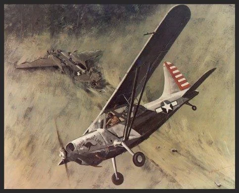 This particular scene shows a typical mission for an L-5 of the 25th Liason Squadron, better known as the "Guinea Short Lines". An A-20 Havoc bomber has been shot down during an attack on a Japanese base somewhere in the Pacific. Having been discovered by a prowling Sentinel, the downed aviators hacked down enough of the tall Kunai grass to form a makeshift runway. The L-5 put down, and took aboard two of the bomber crewmen, despite a 400-pound gross load limit. Ignoring the limits specified in the L-5's tech order, the L-5 pilot somehow managed to get airborne and threaded his way through the jungle, gaining altitude at every opportunity. Another miraculous rescue, but just a day's work for the men of the "Guinea Short Lines".