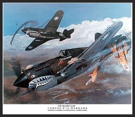 The exploits of the A.V.G. (American Volunteer Group), also known as the Flying Tigers, are now legendary. Their high kill-to-loss ratios and colorful story is well known. During the brief time that the Flying Tigers defended China and Burma against the incursions of the Japanese, they racked up a high kill-to-loss ratio and the gratitude of a nation. Here we see a pair of Tigers downing a Japanese fighter over the winding Burma Road.