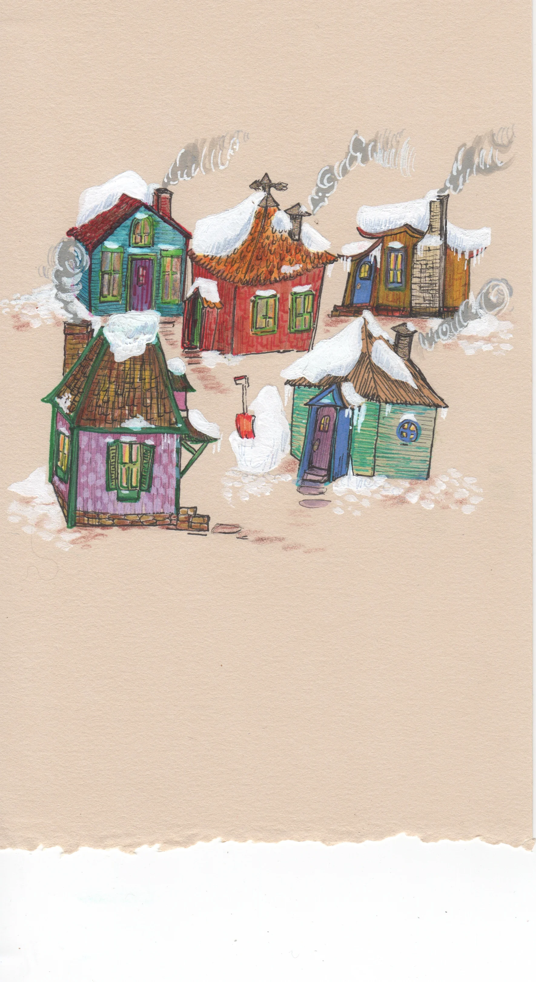 Snowy Houses, gouache, marker and pen on paper, 8 inches by 5 inches, 2013.