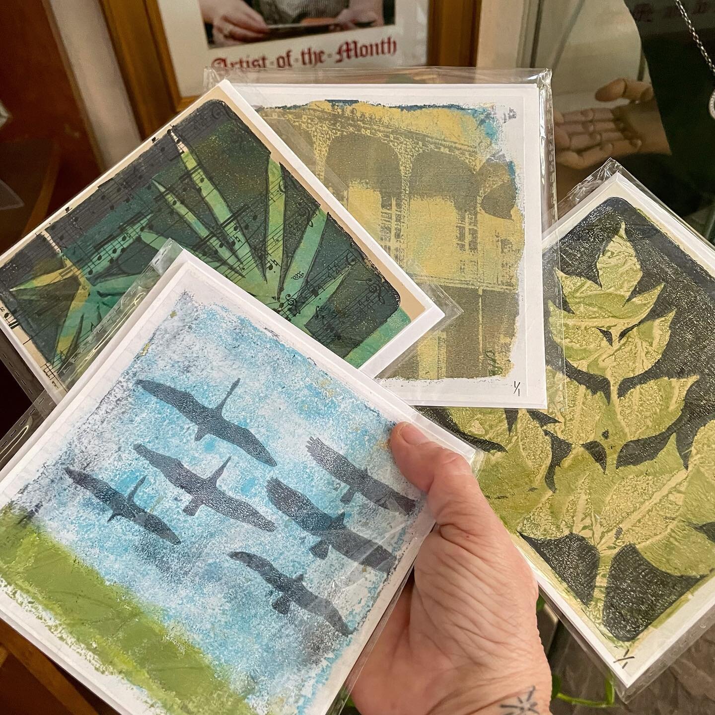 I am the &ldquo;Artist of the Month&rdquo; at @dutchalley this month. To recognize this occasion, I will be offering some of my mono-print greeting cards, complimentary w purchases of my jewelry.  I started messing around w a gelli plate earlier this
