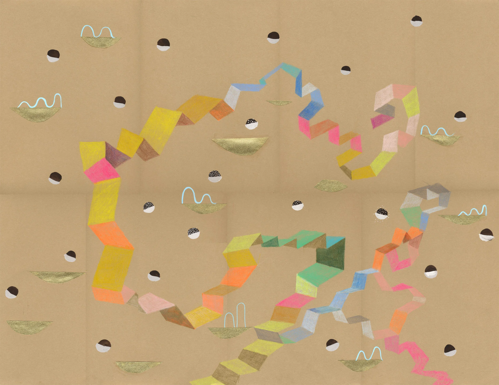 Turned a Corner. 22x30. Colored pencil, acrylic gouache, collage on Rives BFK. 2014.