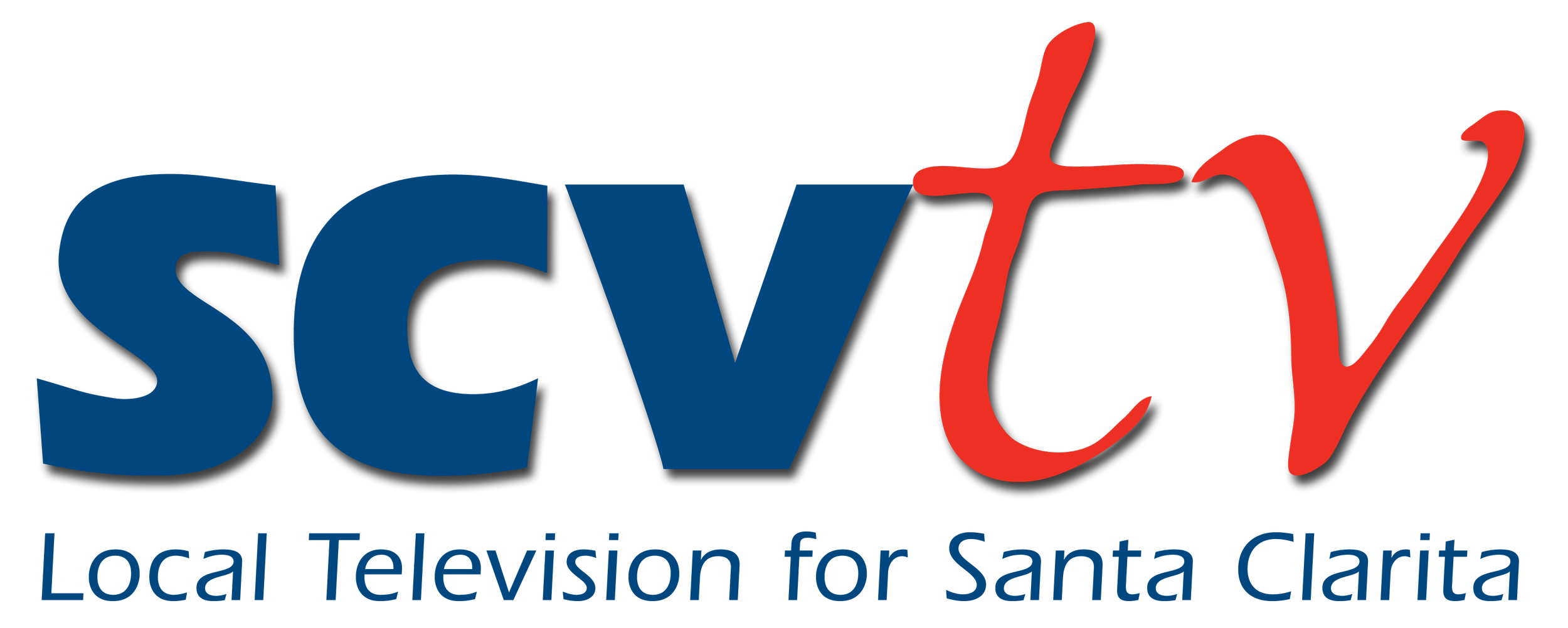 The logo for SCVTV, featuring stylized blue and red text with a black background.