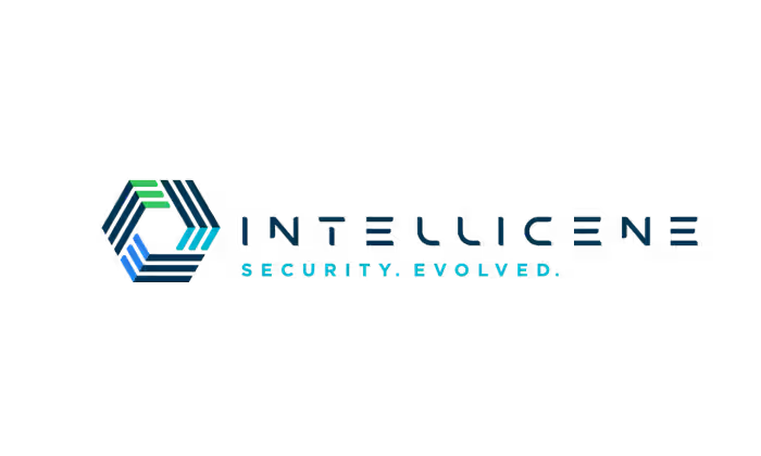 Logos of Intellicene Security and Evolved security company with a geometric design and blue and green colors.