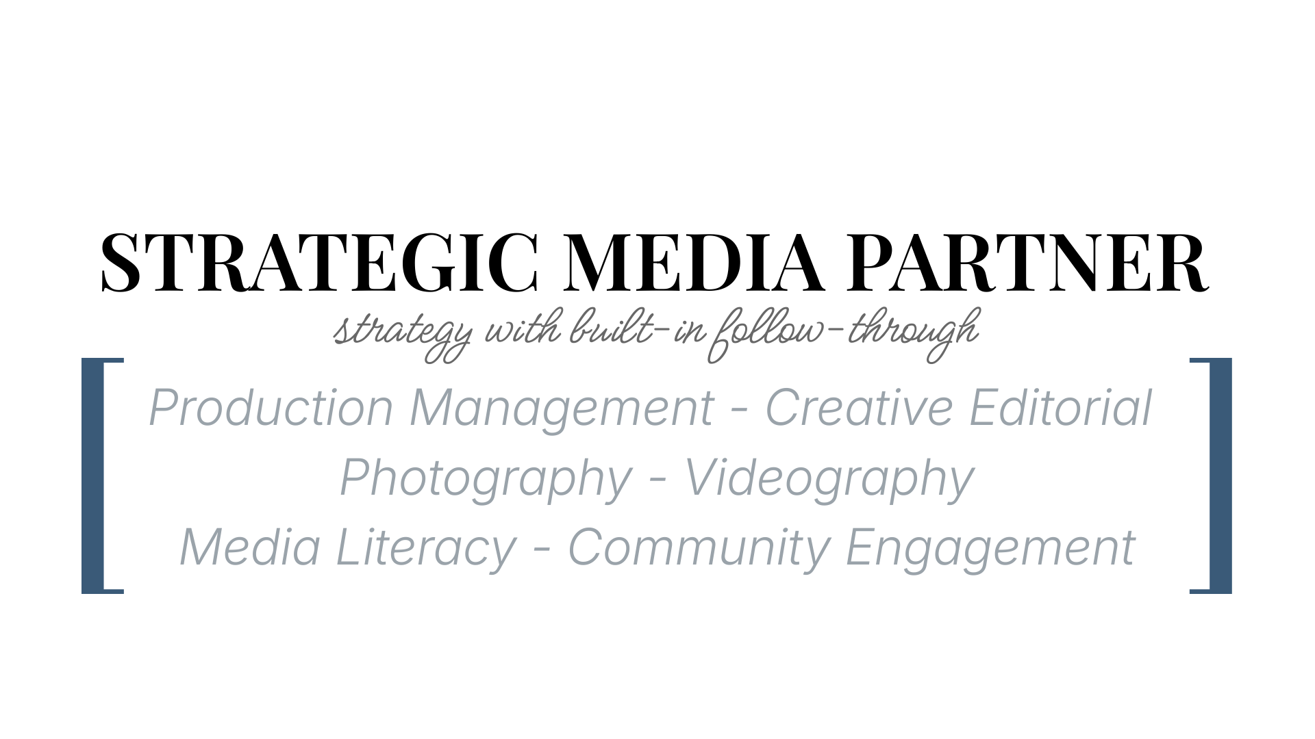Text overlay on black background with gray, light blue, and dark gray font, describing a strategy for media literacy, community engagement, and content production.