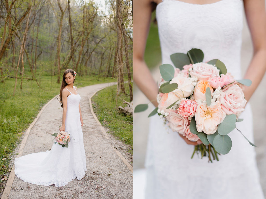 A beautiful bride holds her flowers in the woods by the Buffalo River with Arkansas Adventure Destination Photographer Colby and Jess