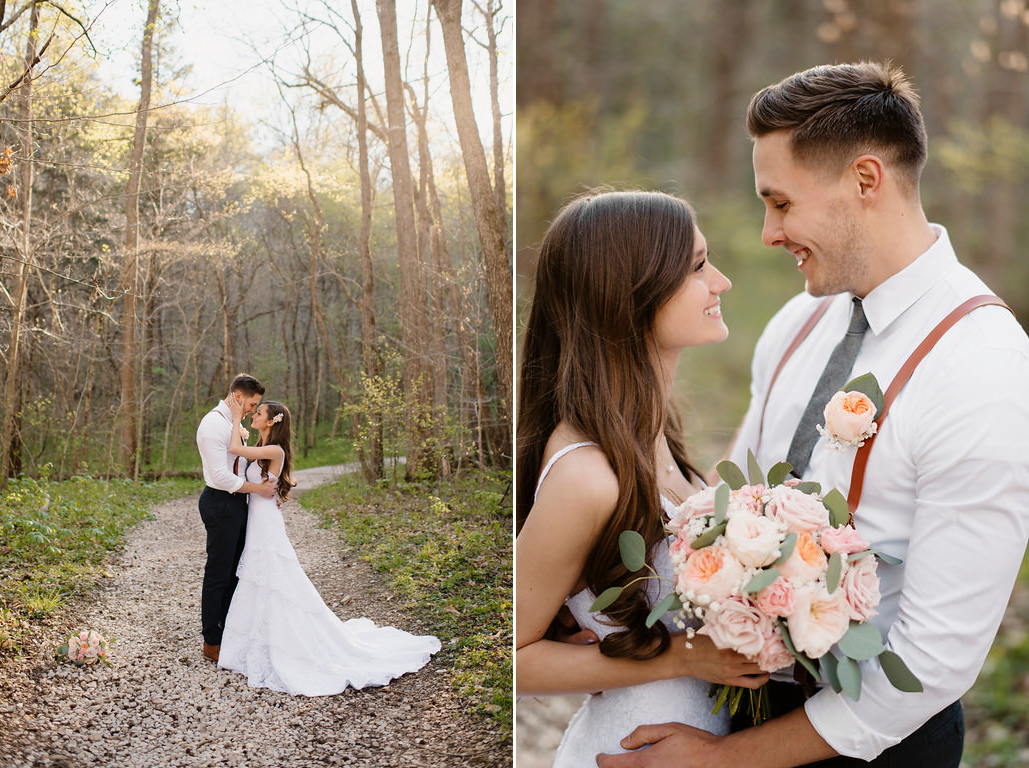 A bride and groom hold each other under the trees by the Buffalo River by Arkansas Adventure Destination Photographer Colby and Jess