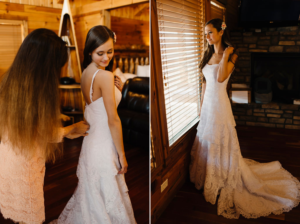 A bride's mother zips up her gown before her Outdoor Buffalo River Wedding by Ozarks Adventure Elopement Photographers Colby and Jess