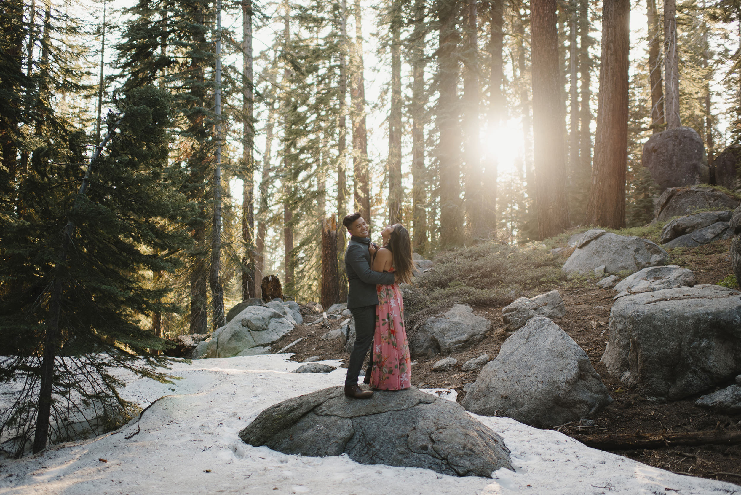 Couple laughs as the sun comes through the pine trees during Engagement Session in Yosemite