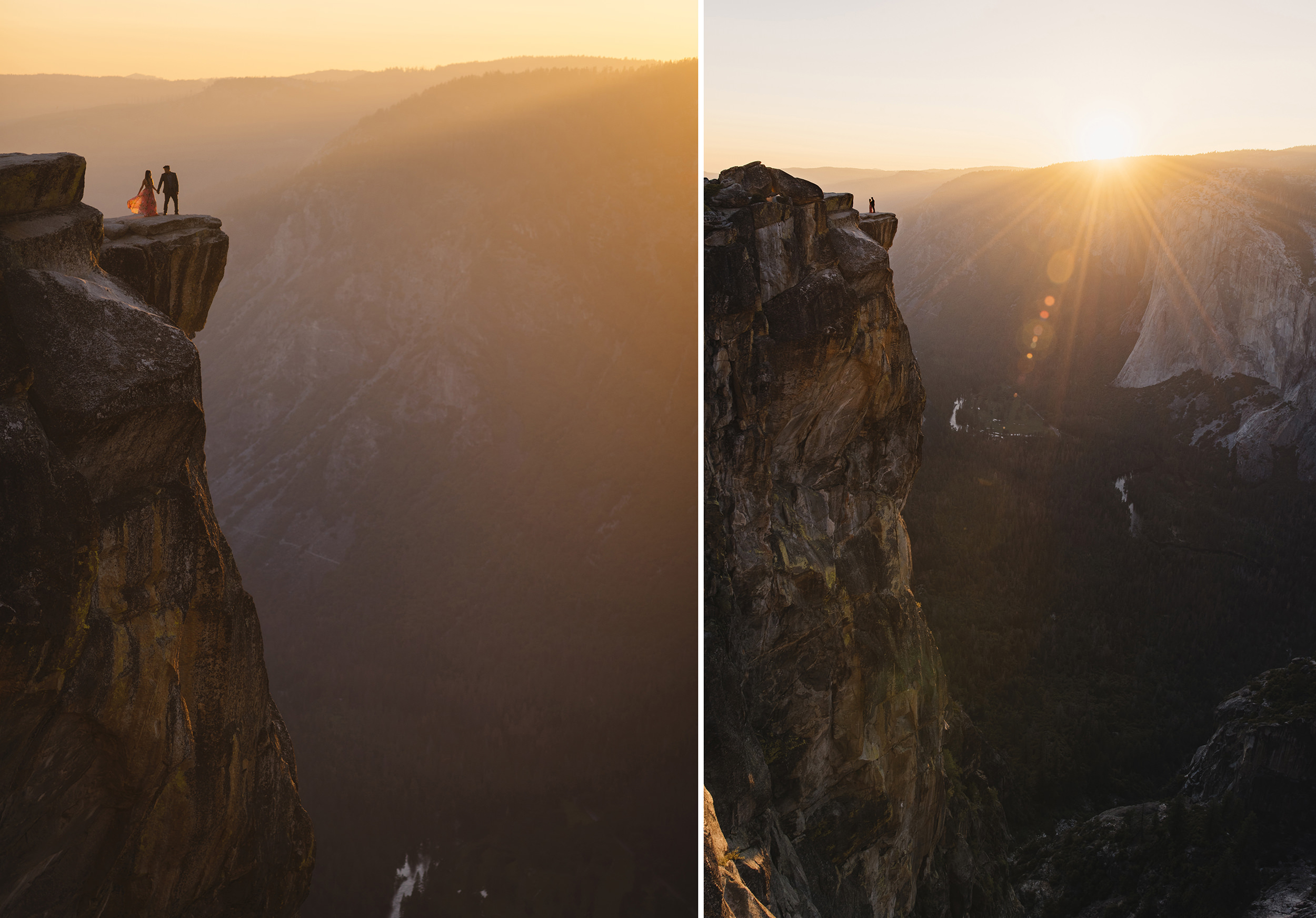 Bride and groom at Taft Point during sunset by Yosemite Elopement Photographer Colby and Jess colbyandjess.com