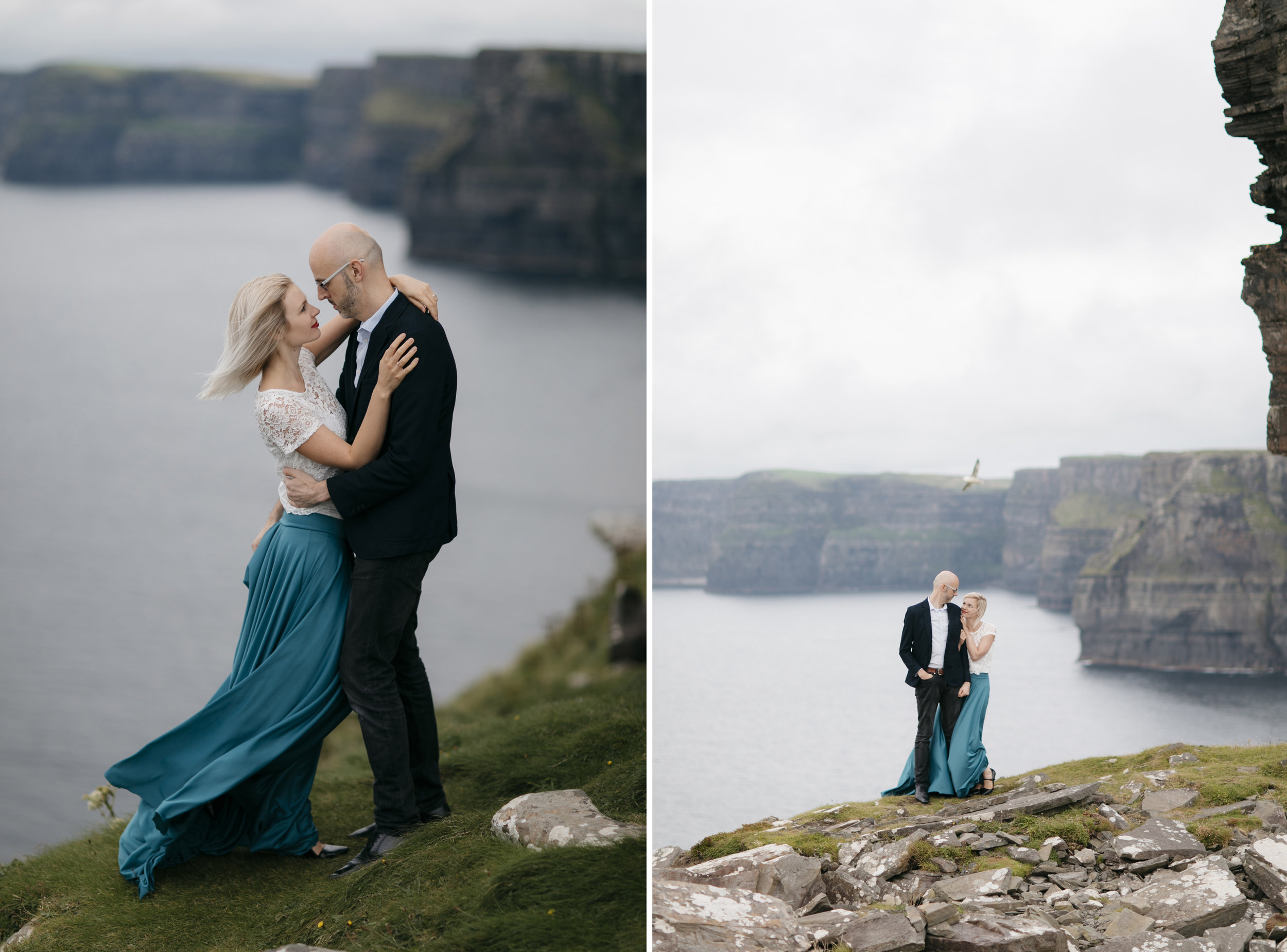 A lovely couple embraces at Cliffs of Moher for their Adventure Photography Session by Elopement Photographers Colby and Jess