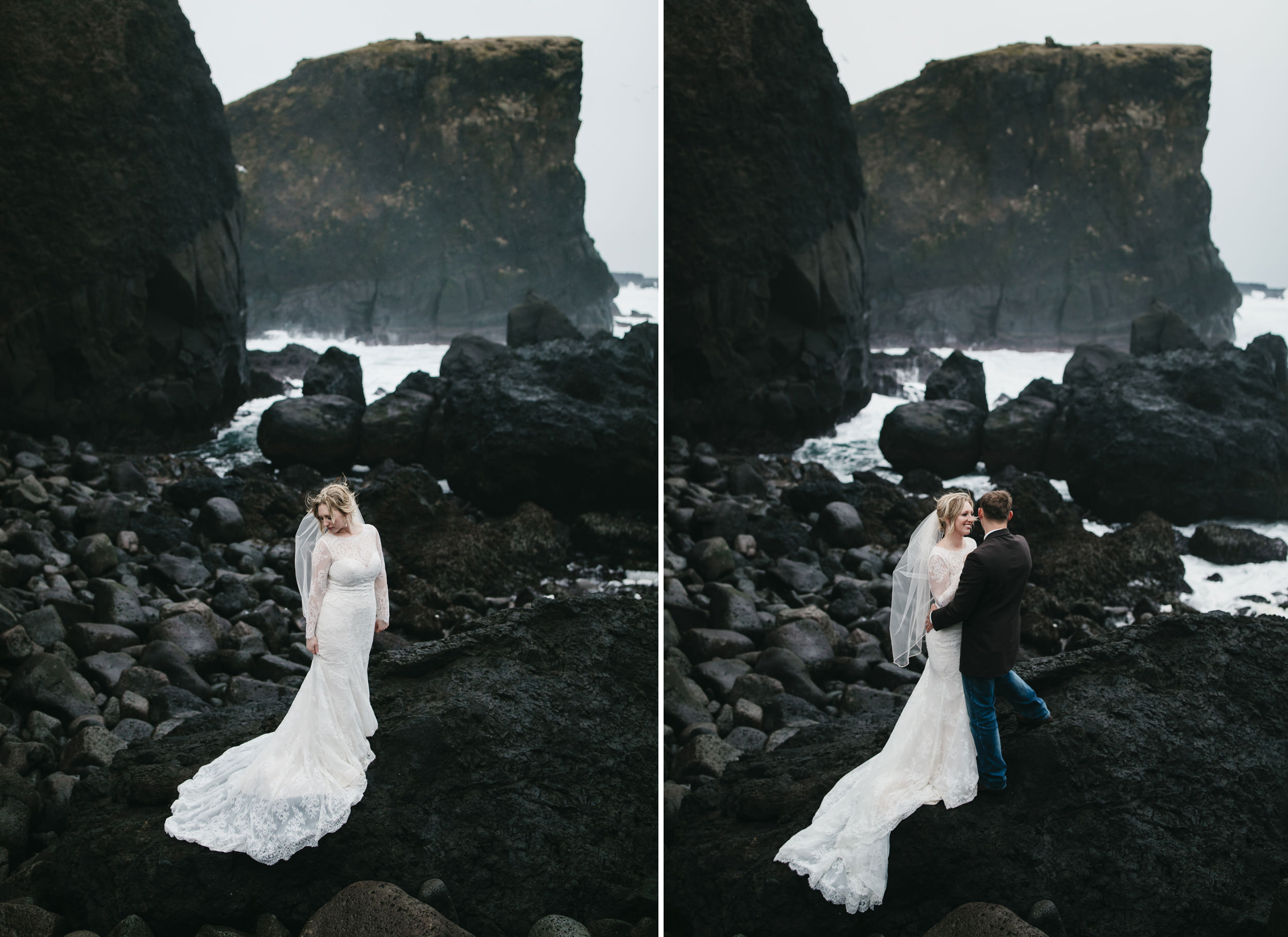 A beautiful bride stands surrounded by rocky cliffs and crashing waves during her elopement adventure session in Iceland by wedding photographers colby and jess, colbyandjess.com