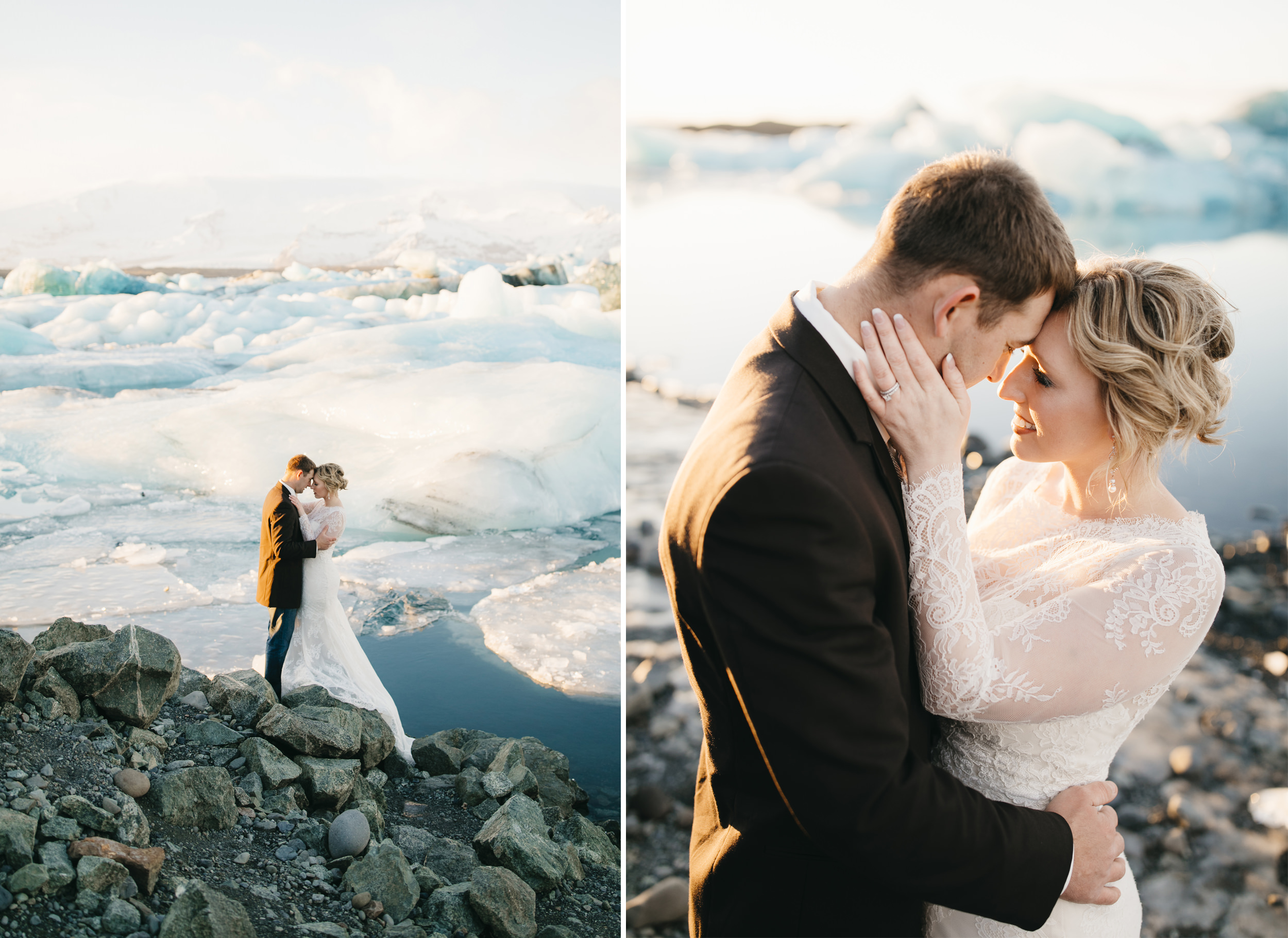 A couple snuggles for warmth next to glaciers during Iceland Elopement Photography Session by colby and jess.