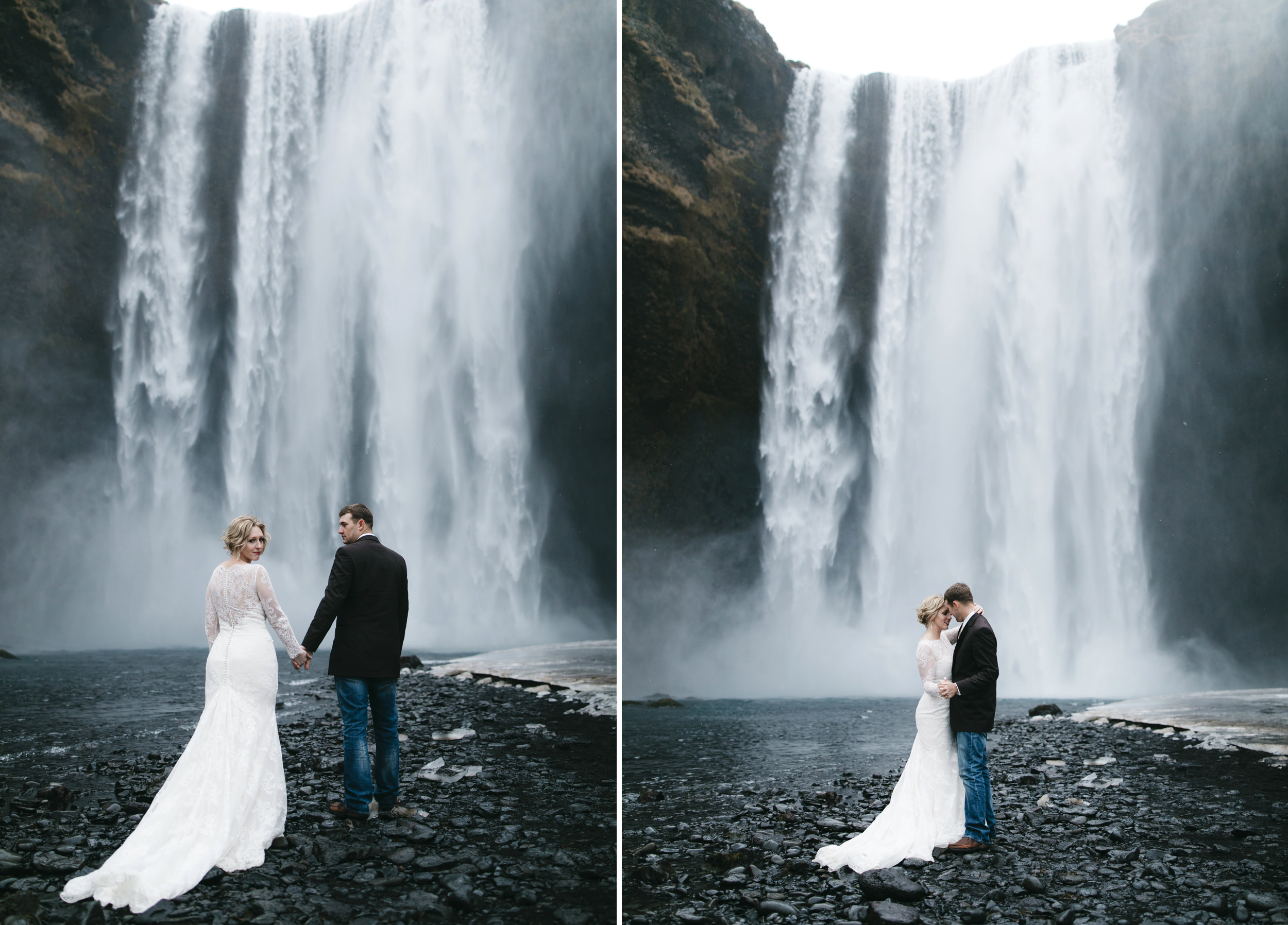 A couple goes to Skogafoss to elope in front of a waterfall with Iceland Elopement Photographers Colby and Jess as their witnesses.