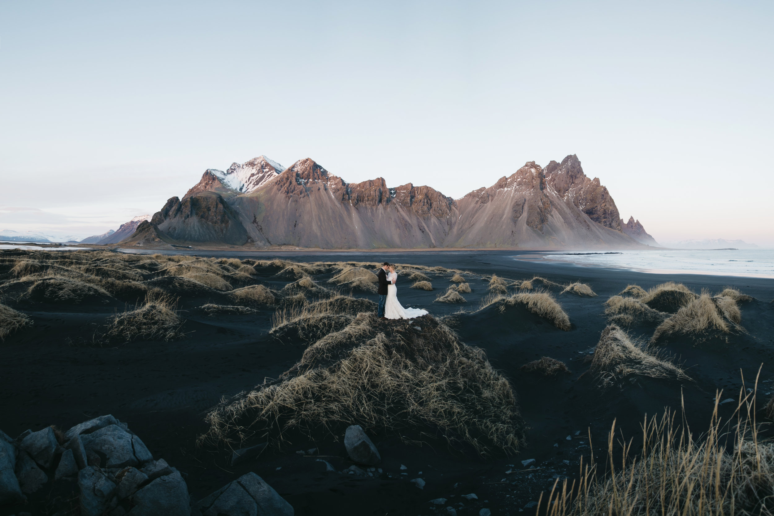 Panoramic view of Iceland Elopement Photography in front of Vestrahorn.