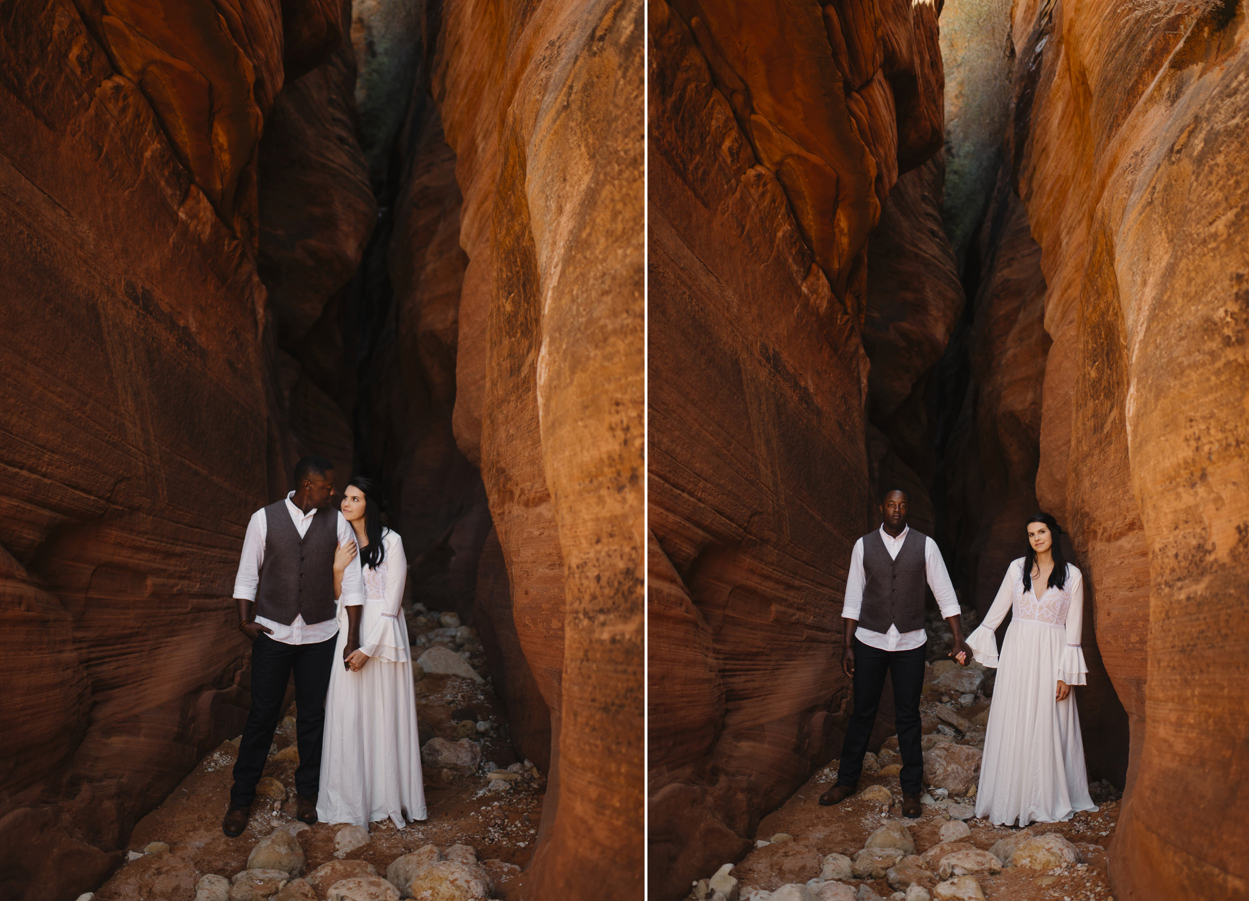 A couple explores a slot canyon during their Antelope Canyon Adventure Engagement Photography Session by Utah Destination Elopement Photographer Colby and Jess