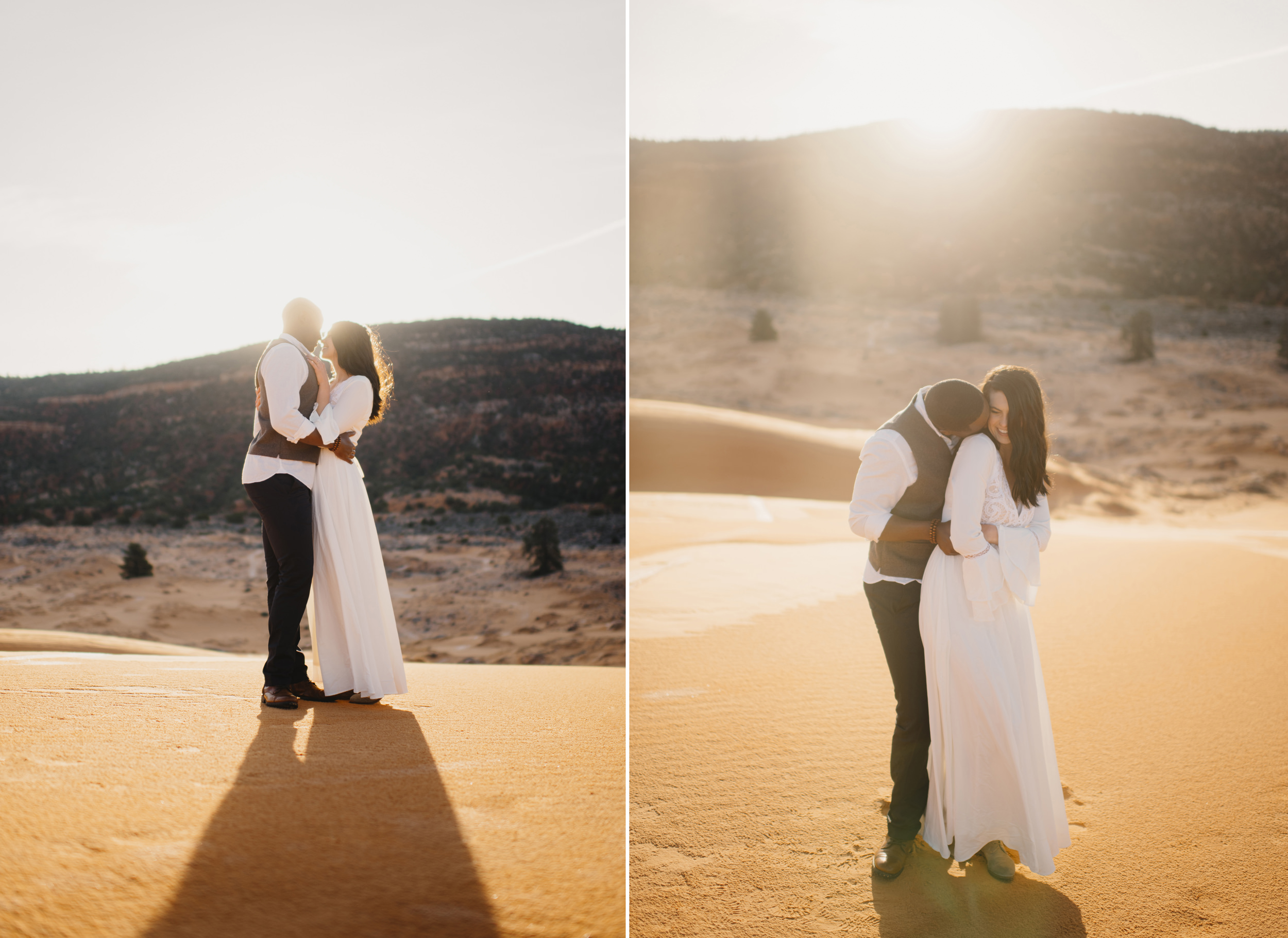 A couple snuggles during their adventure anniversary photography session with Utah Sand Dunes Destination Elopement Photographer Colby and Jess