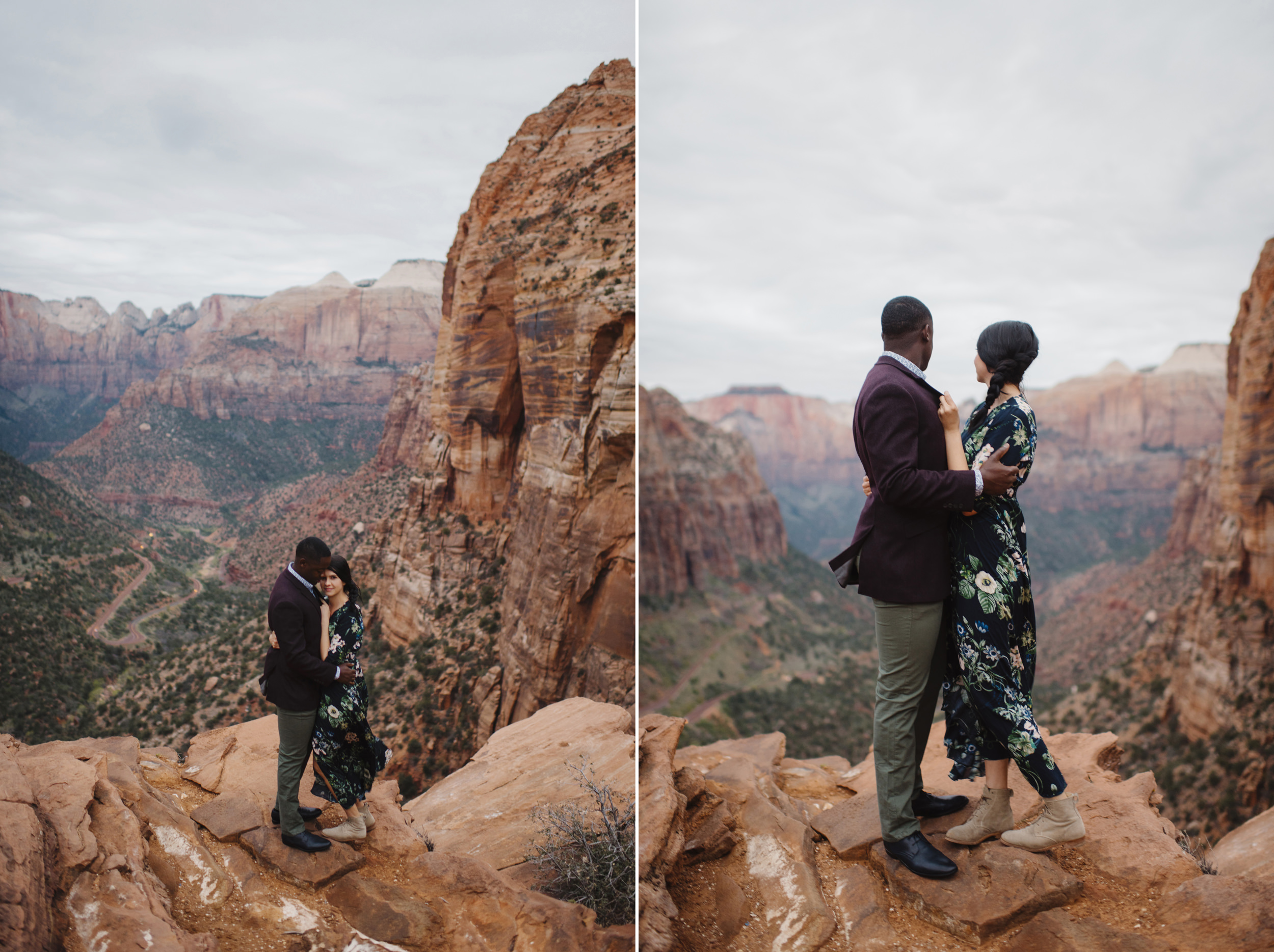 A couple snuggles on Angels Landing during their adventure engagement photography session with Zion National Park Elopement Photographer Colby and Jess