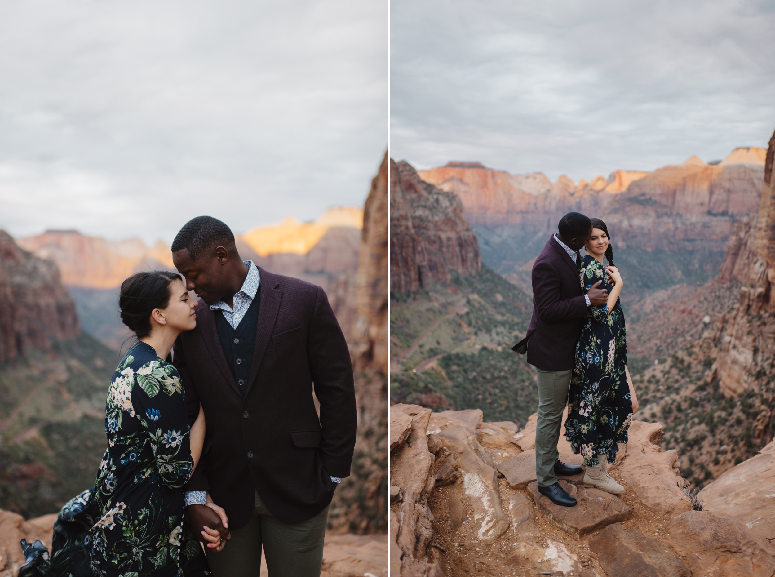 A man and woman embrace during their Angels Landing Engagement Photography Session with Zion National Park Elopement Photographer Colby and Jess