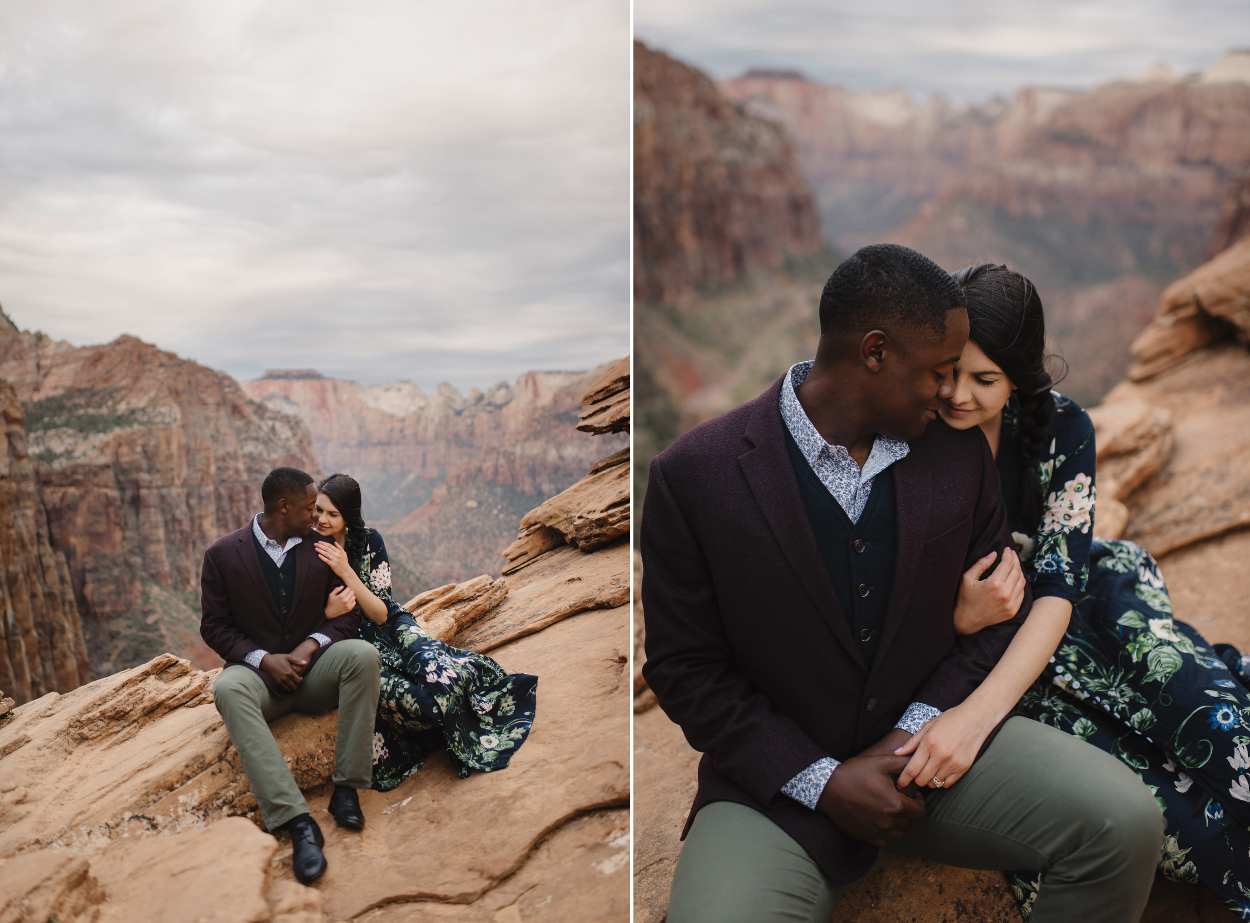 A couple in love cuddle during their Angels Landing Zion Engagement Photography Session by Zion National Park Elopement Photographer Colby and Jess