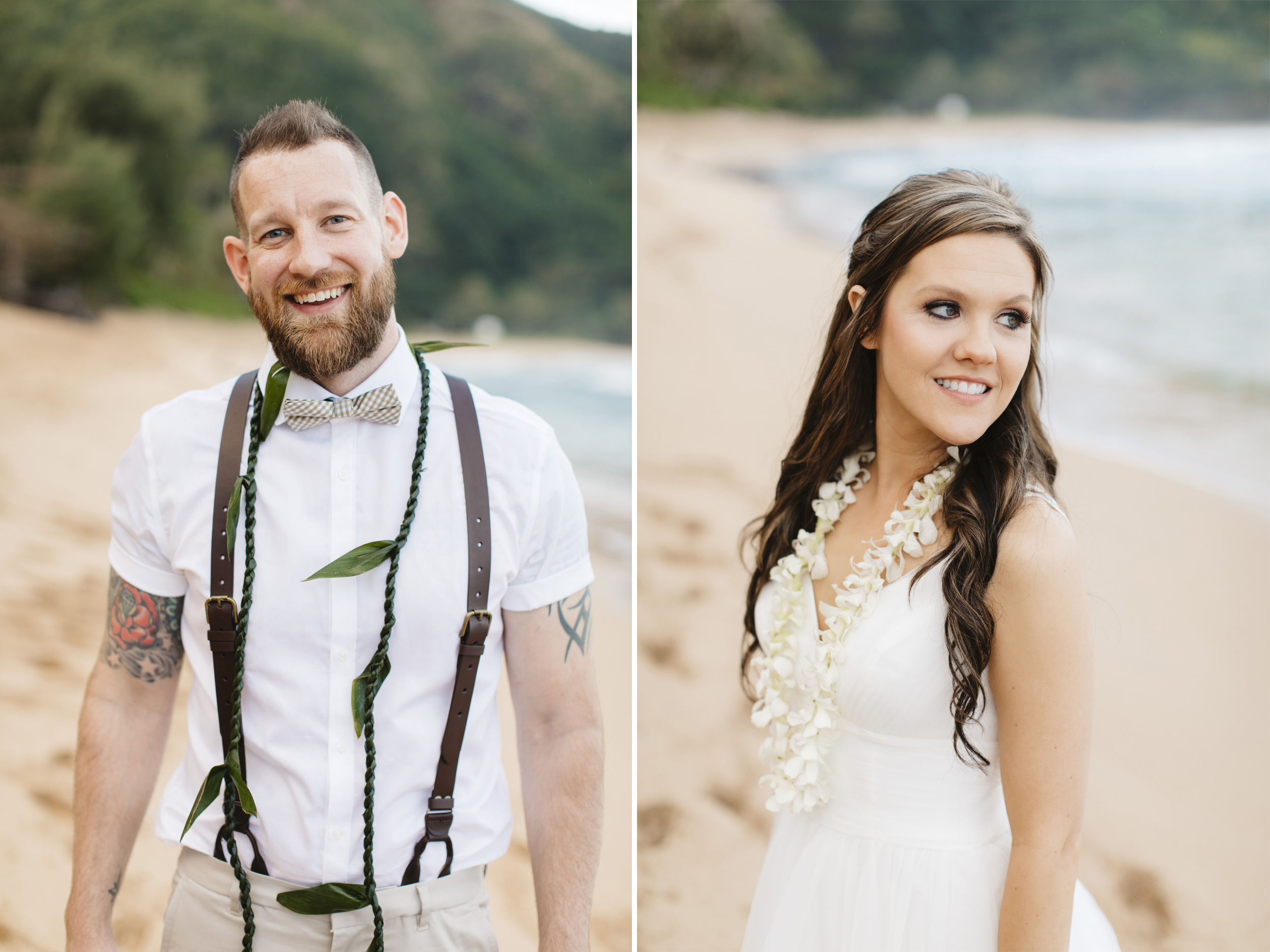 Portrait of a bride and groom after Tunnels beach wedding ceremony by Kauai Elopement photographers Colby and Jess