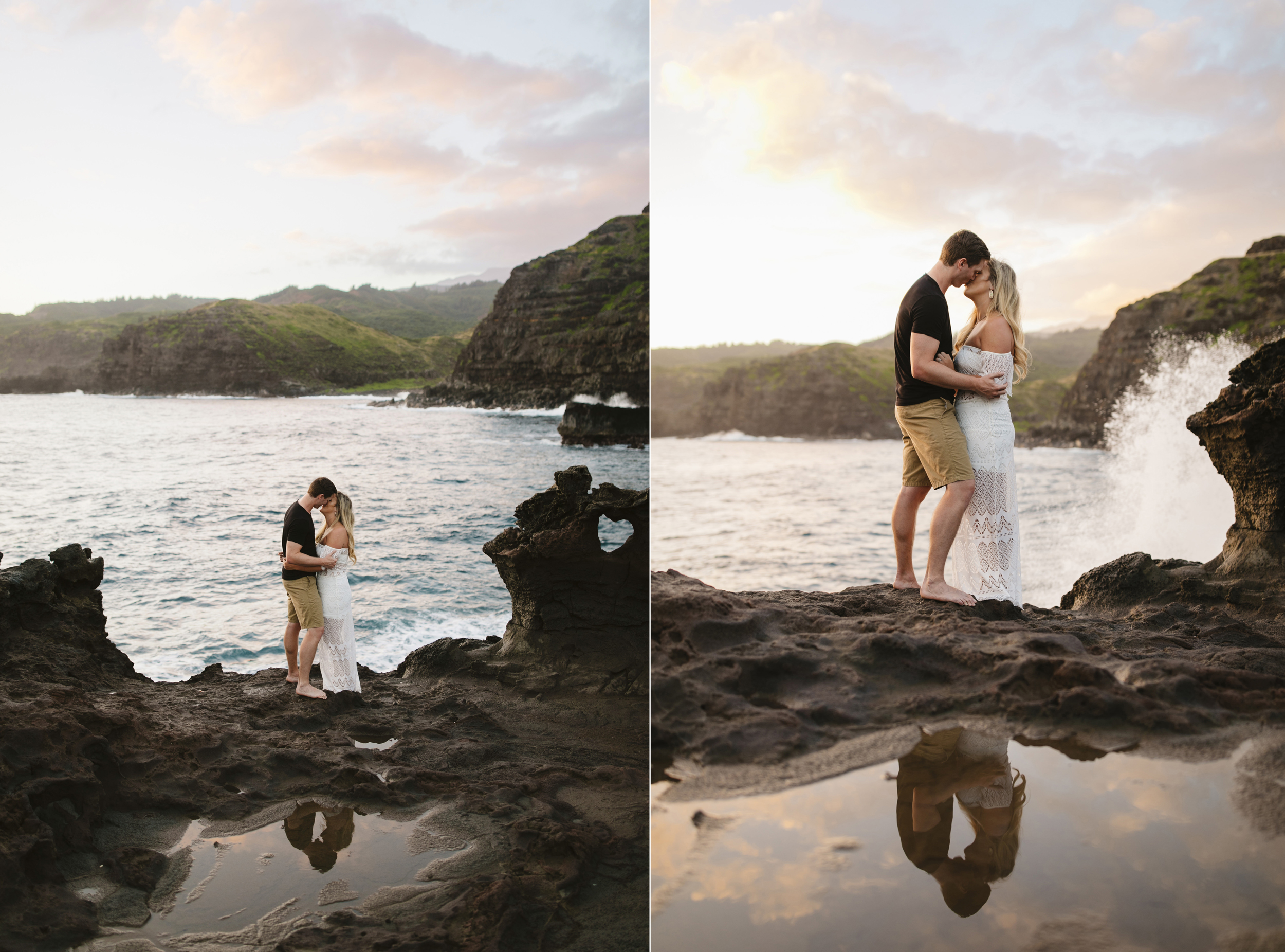 Waves crash as a couple is photographed by Maui elopement photographer Colby and Jess