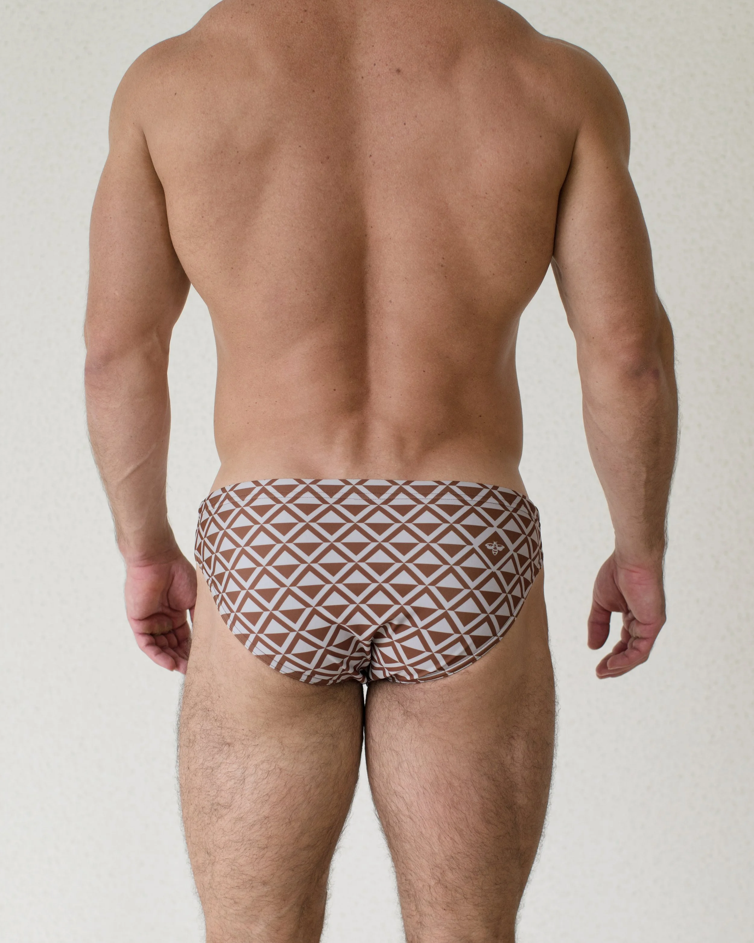 Man seen from back wearing Latte Paradigm swim bikini featuring brown geometric print from Aronik Swim Paradigm Collection