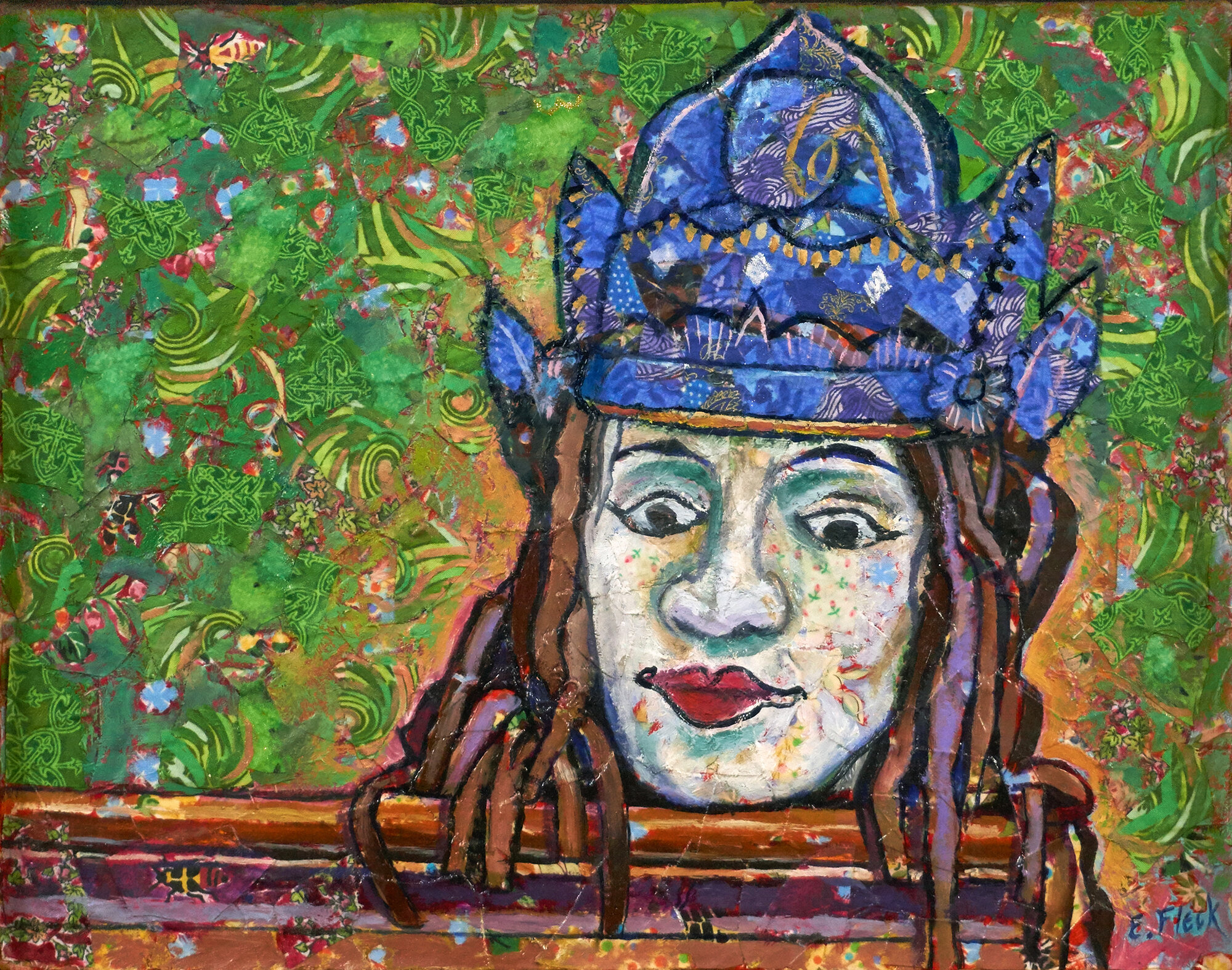 Balinese Mask, 12x12, fabric and oils, 2017.jpg