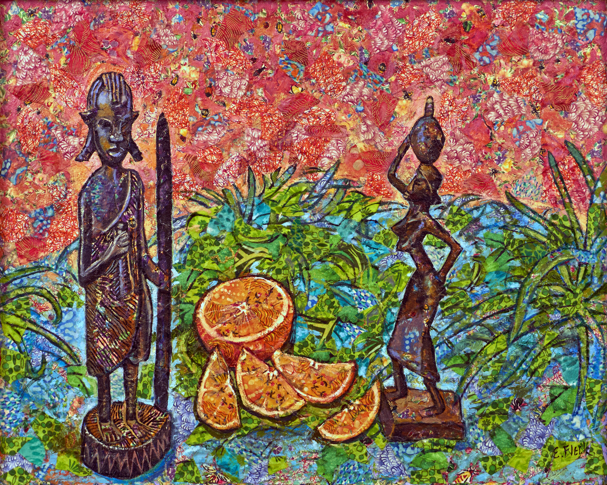 9. Oranges and African Statues, fabric and oils, 16x20, 2014.jpg