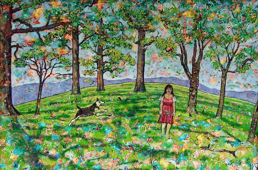Elaine Fleck, Spring, 2011, 24x36,  fabric pieces and oils.jpg