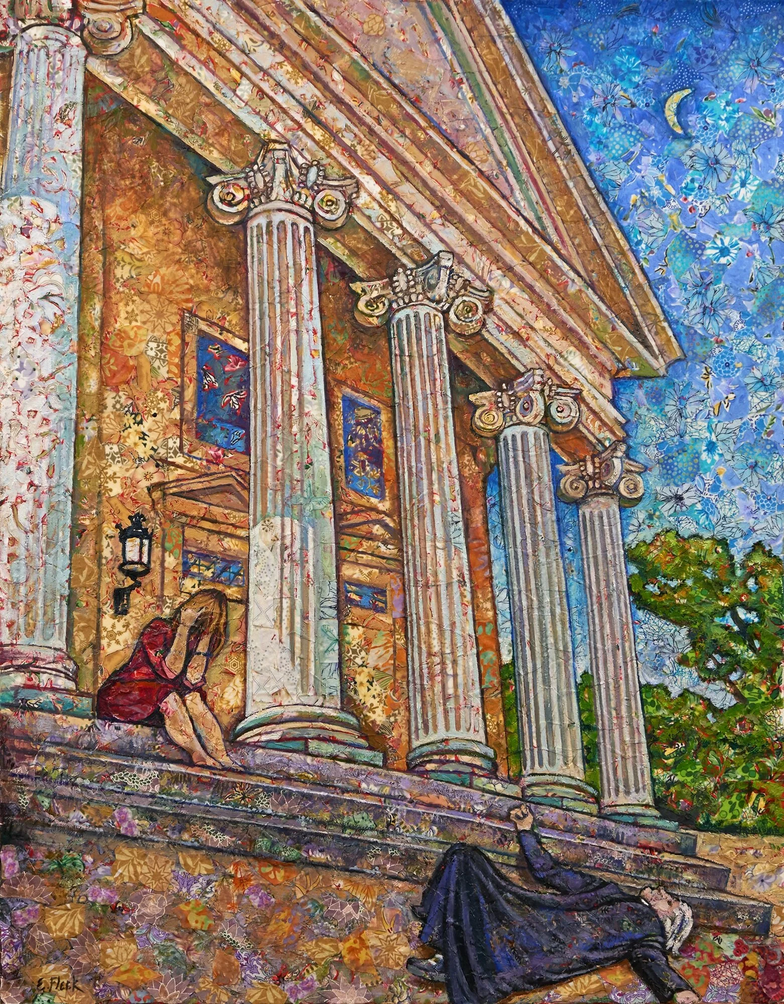 Reckoning at the Church Stairs, fabric and oils, 18x24.jpg
