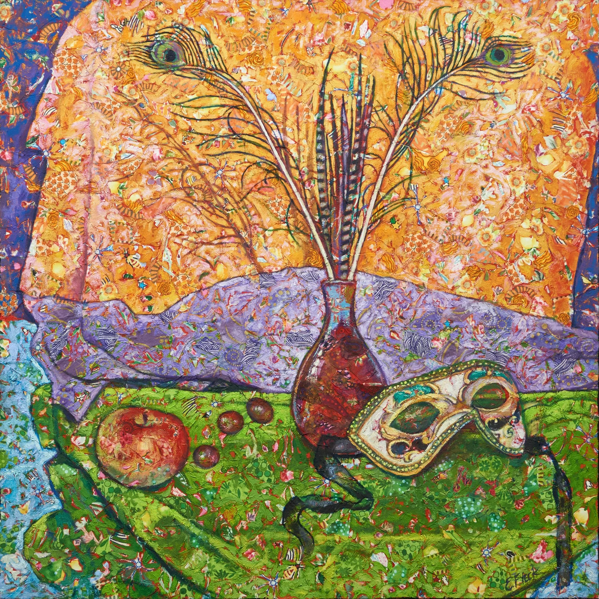 Still Life with Venetian Mask, 20x20, fabric and oils.jpg