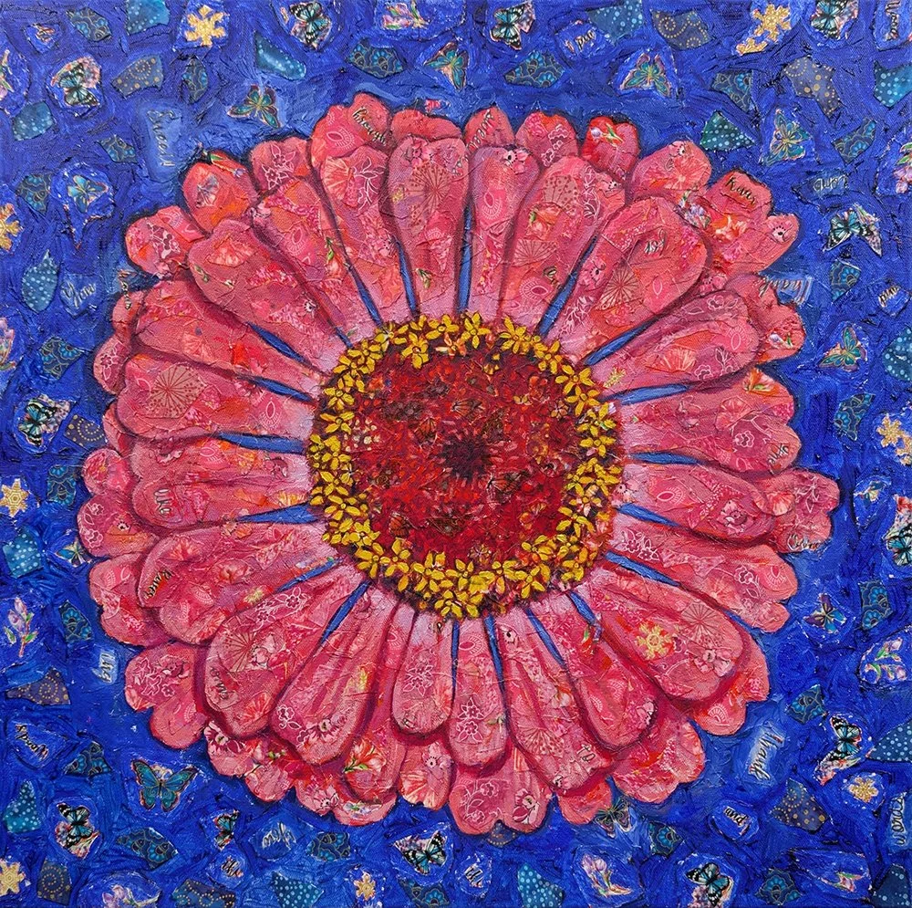 Pink Zinnia, 2024, fabric and oils, 21x21.jpg