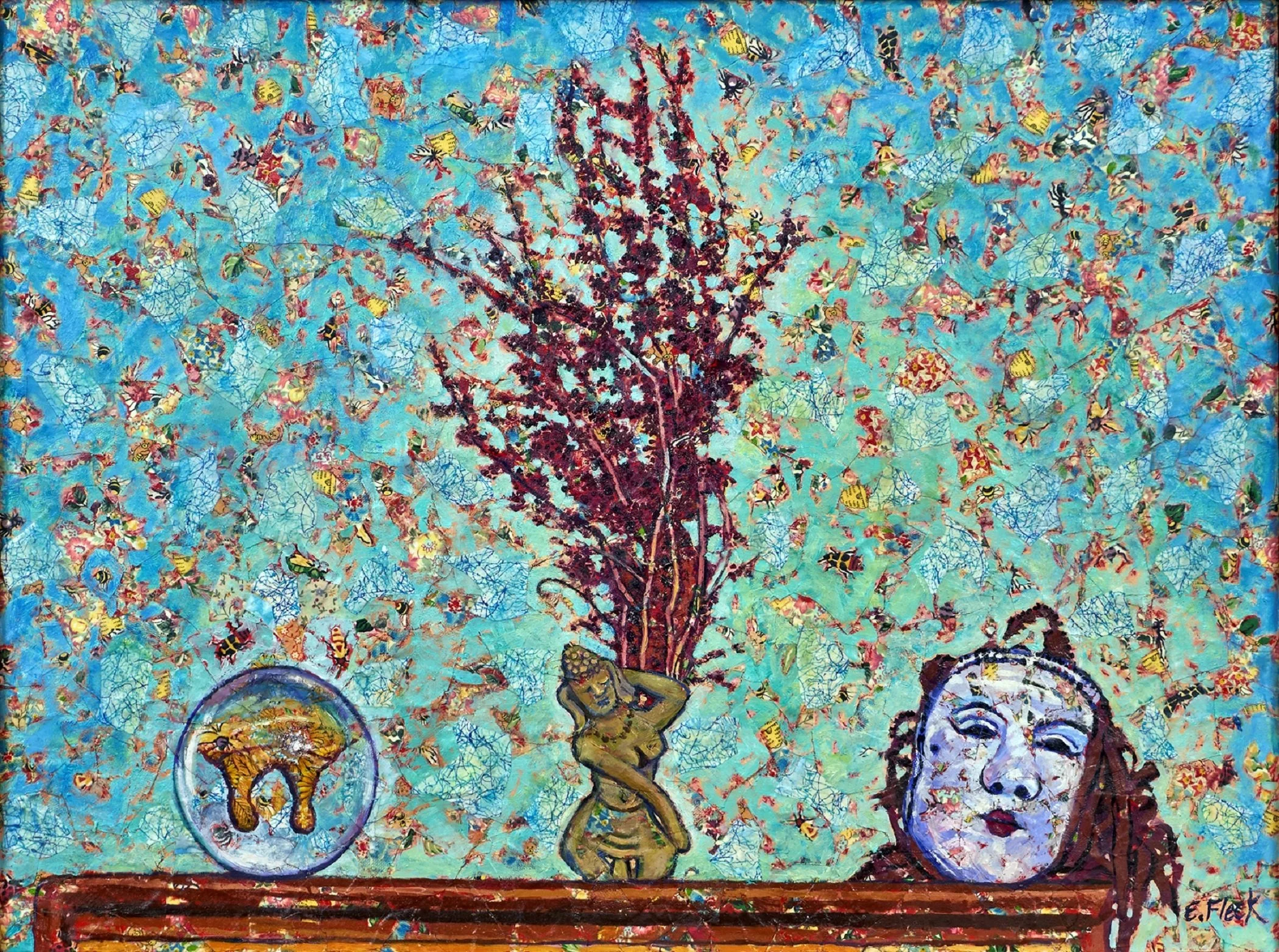 Glass Ball and Mask, fabric and oils, 18x24, 2021.jpg