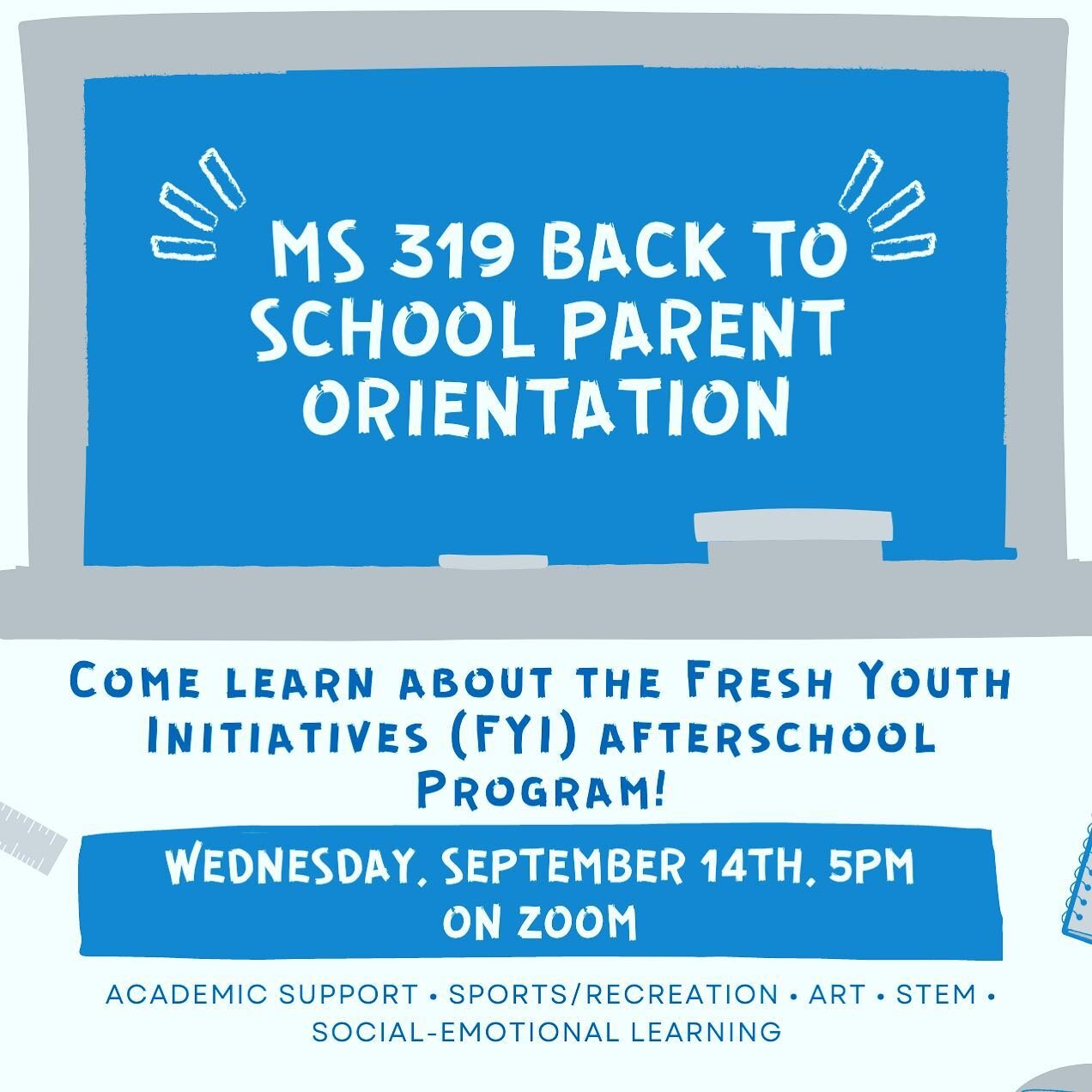 🖐🏼🖐🏽🖐🏾 Calling all kids and parents at MS319, Mar&iacute;a Teresa Mirabal School! 

Parent/Guardian orientation for this year&rsquo;s FYI afterschool program is Wednesday 9/14 at 5PM on ZOOM.

Meet our awesome staff, learn about program goals, 