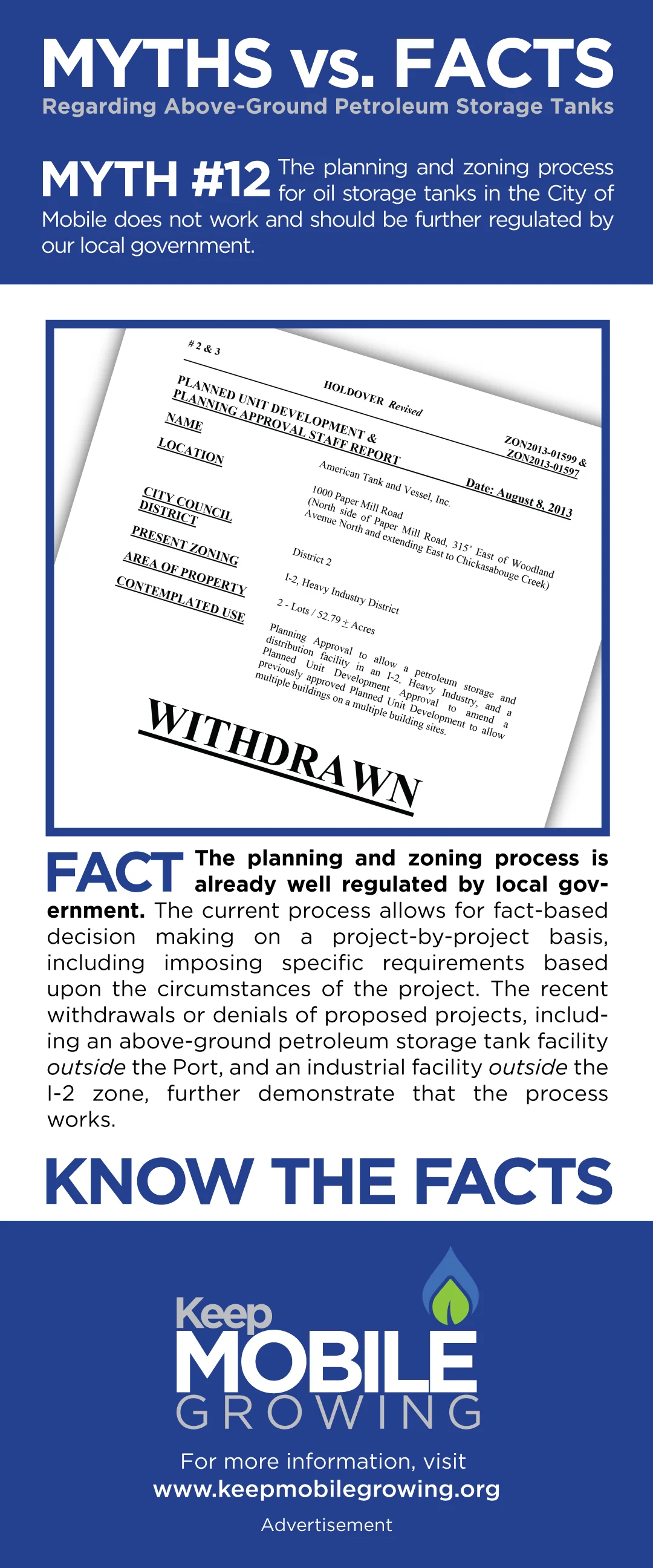 Myth #12 (Click Image for FACTS) The planning and zoning process for oil storage tanks in the City of Mobile does not work and should be further regulated by our local government. 