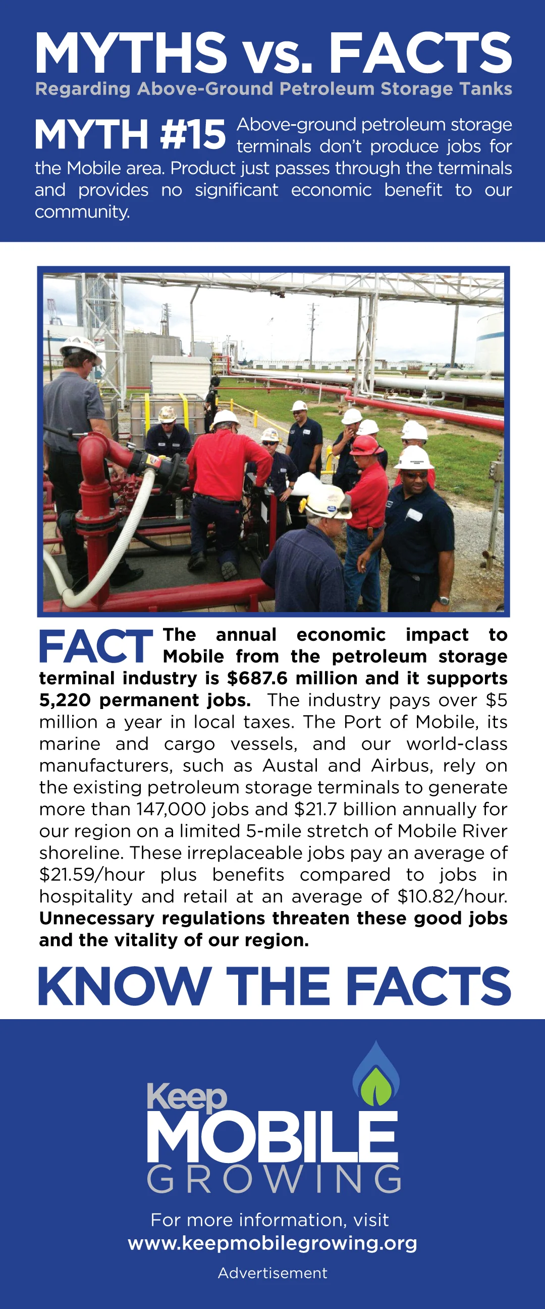Myth #15 (Click Image for FACTS) Above-ground petroleum storage terminals don’t produce jobs for the Mobile area. Product just passes through the terminals and provides no significant economic benefit to our community.