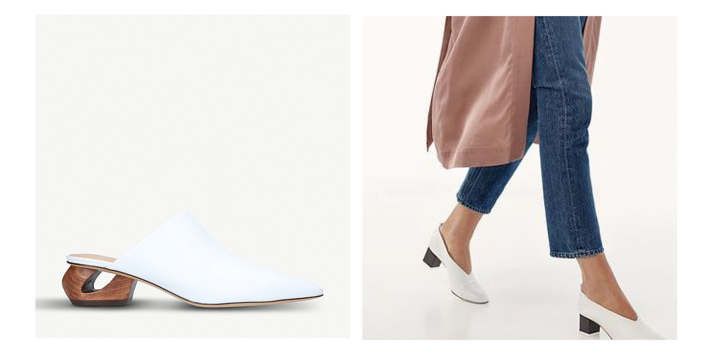 The Row's Haya Leather Slide Mule and an anonymous shoe paired with a blush Aritzia duster