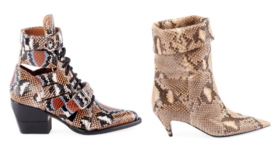 Chloé Python-Embossed Combat Bootie and Saint Laurent Charlotte Python Pointed Bootie
