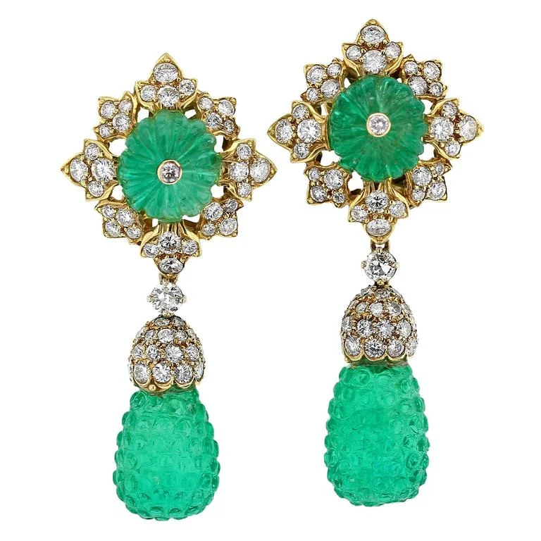 Colombian Carved Emerald, Diamond and Gold Earrings — RAF Rare