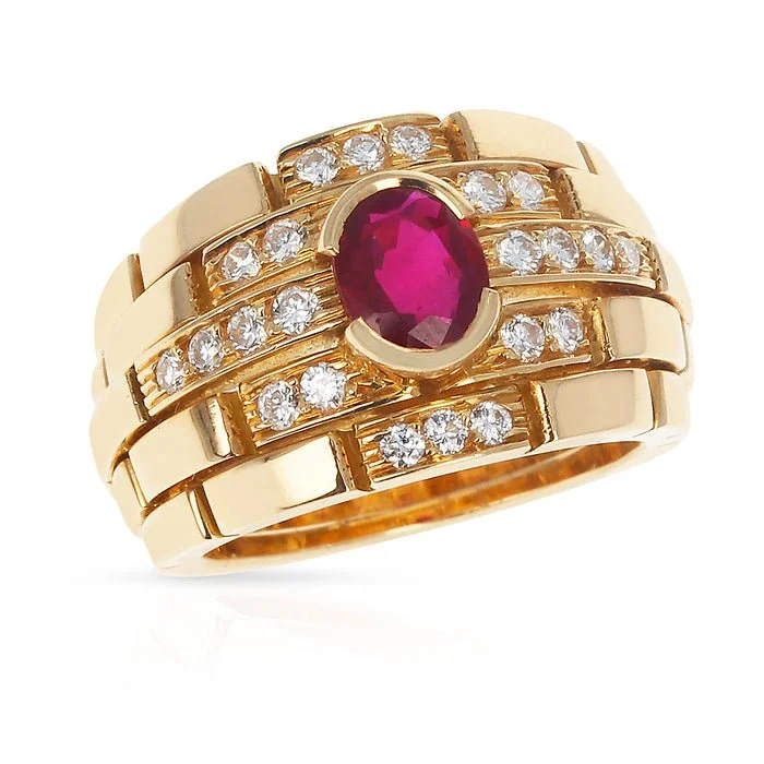 CARTIER MAILLON PANTHERE DESIGN OVAL RUBY AND DIAMONDS RING, 18