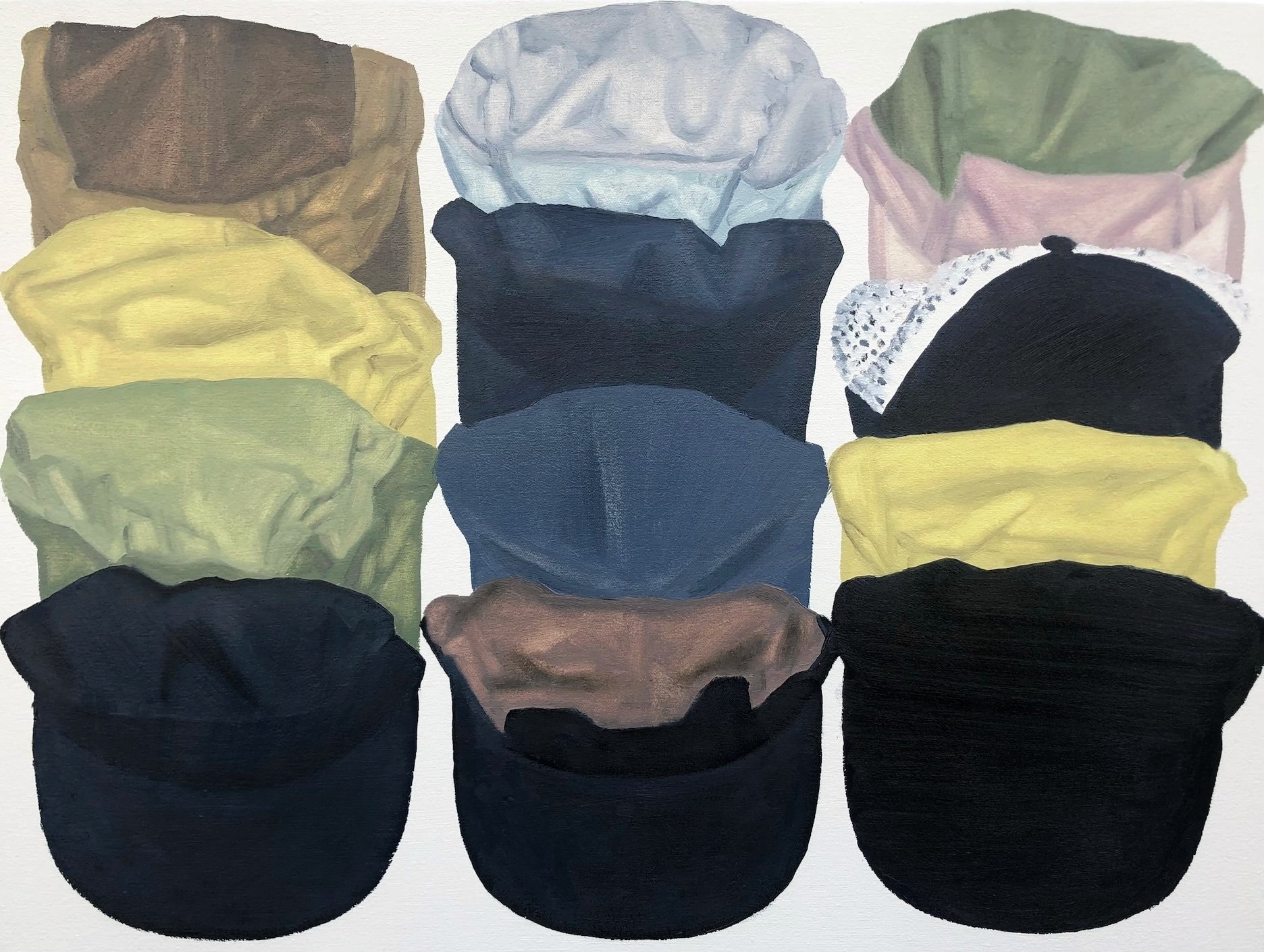 Too many running hats, oil on canvas, 18" x 24", 2025