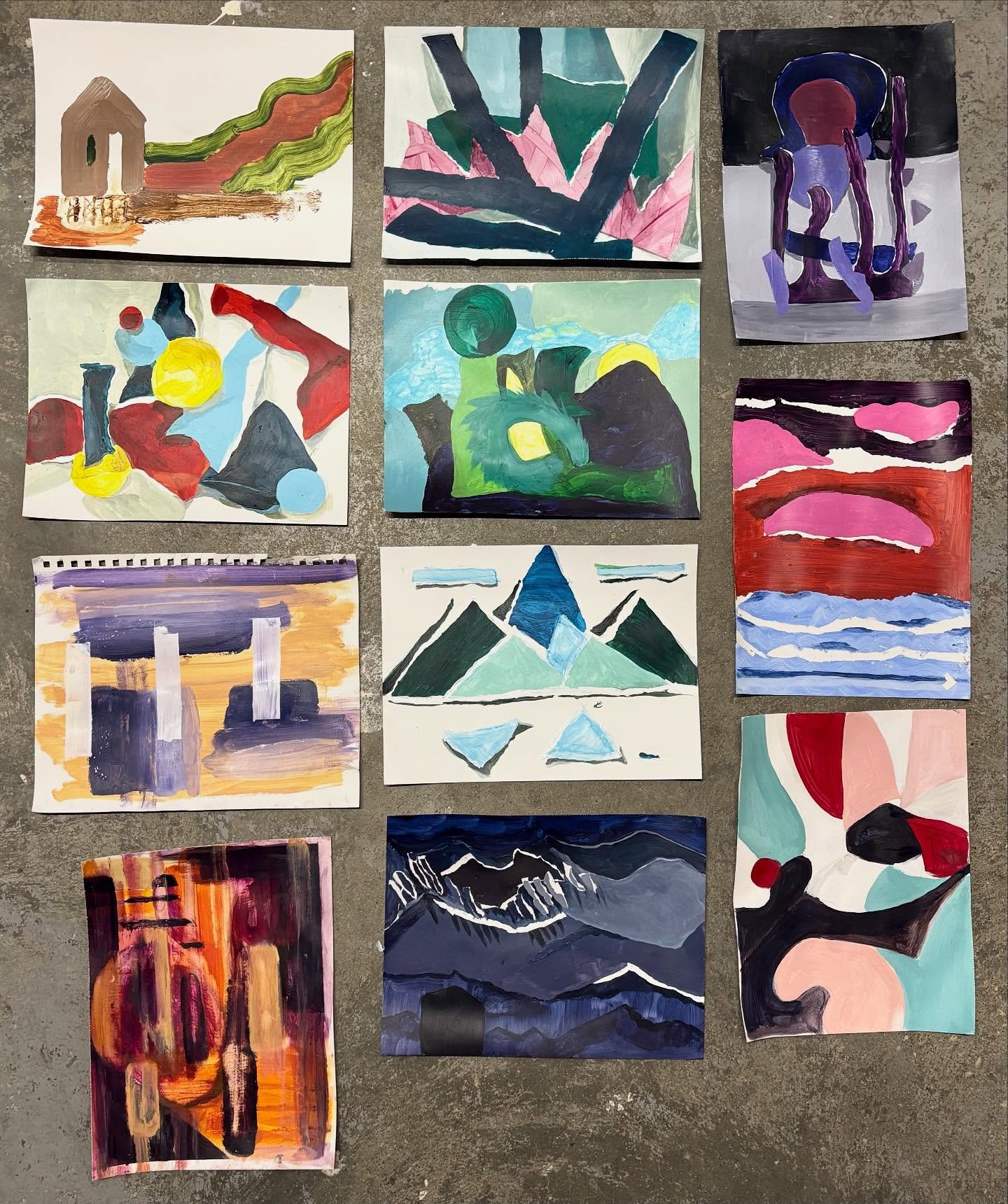 Paintings based on painted-paper collages made by my beginner acrylic painting class @thewarehouseyukon. So good.