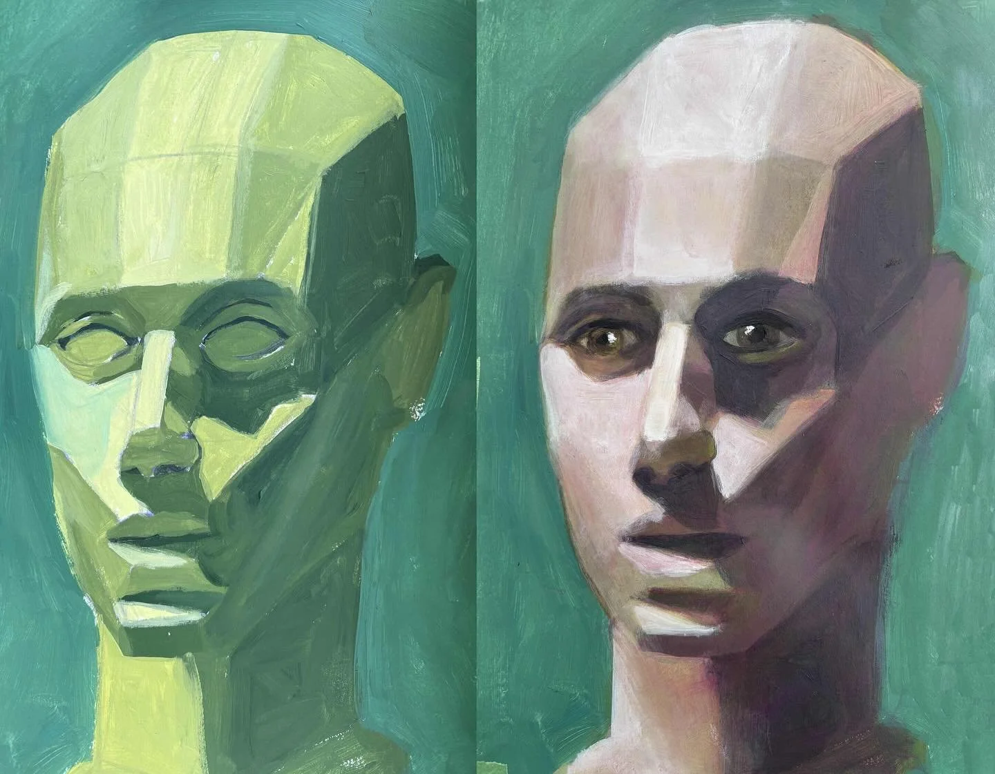 Demos from my painting classes this past week: under-paintings, glazes, paintings based on painted-paper collages, and studies based on Thompson, Freud, and Matisse