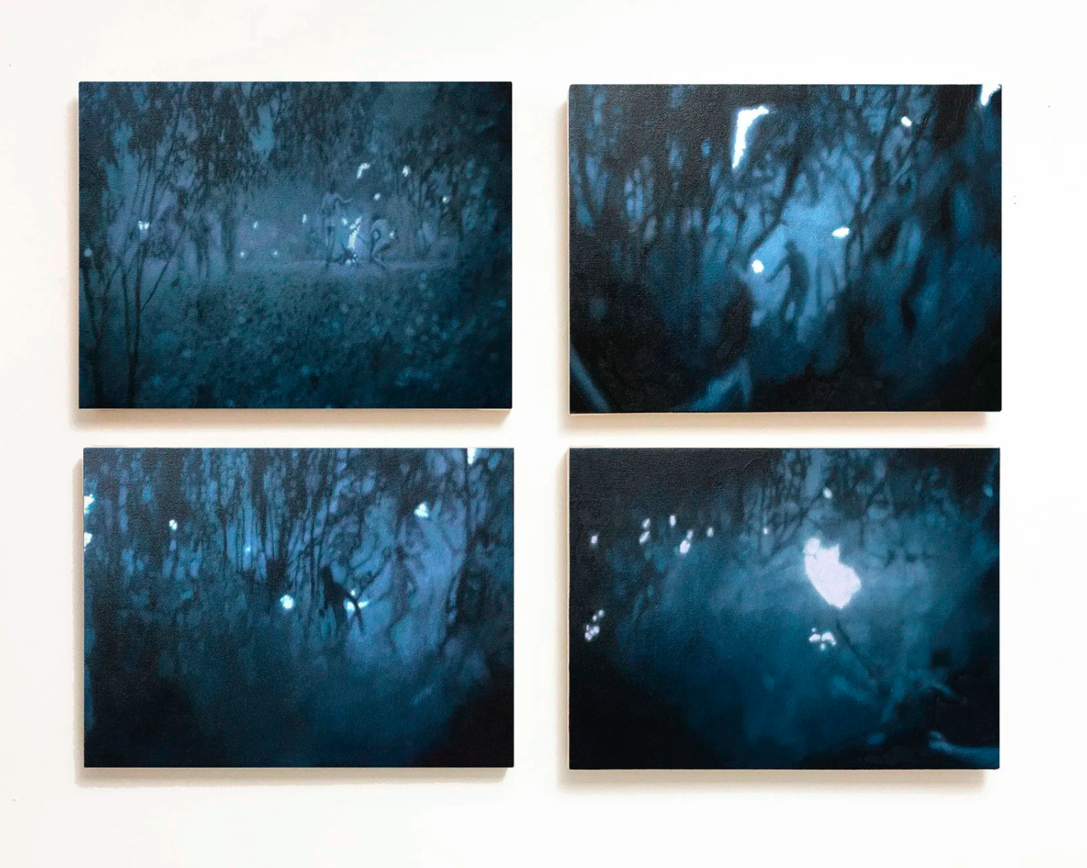 Lights in the forest (stills from Tarkovsky's Andrei Rublev), 12” x 16” each, oil on canvas, 2023