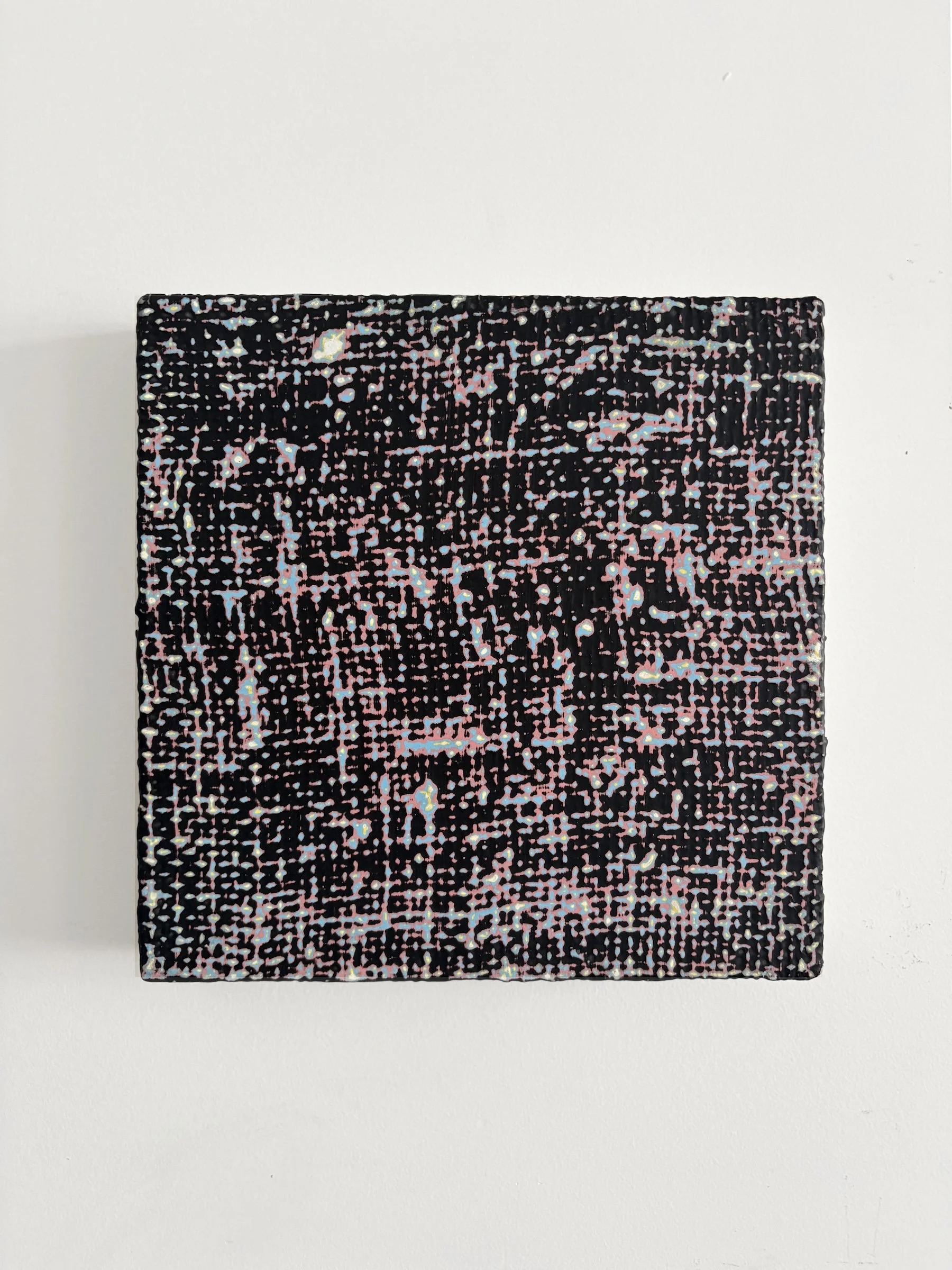 Sun Glitter 12, acrylic on burlap over panel, 10" x 10", 2026