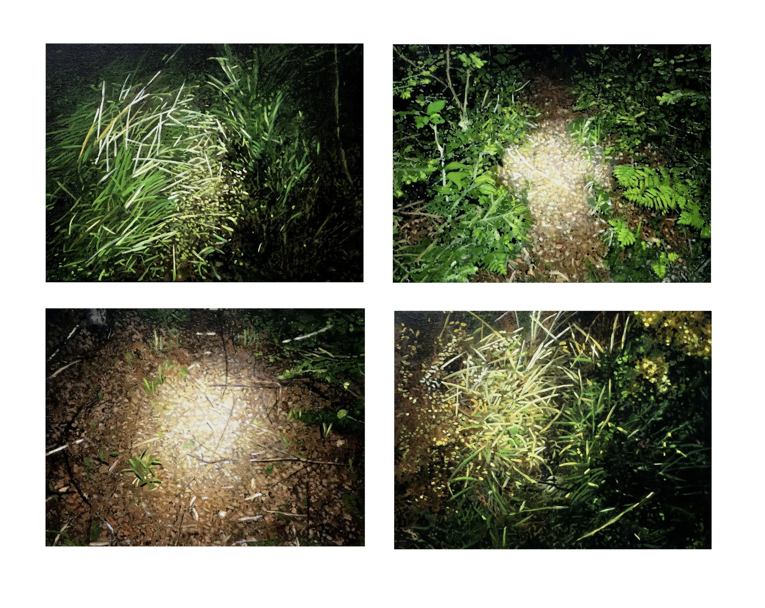 Circles of light at my feet, 12" x 16" each, oil on canvas, 2024