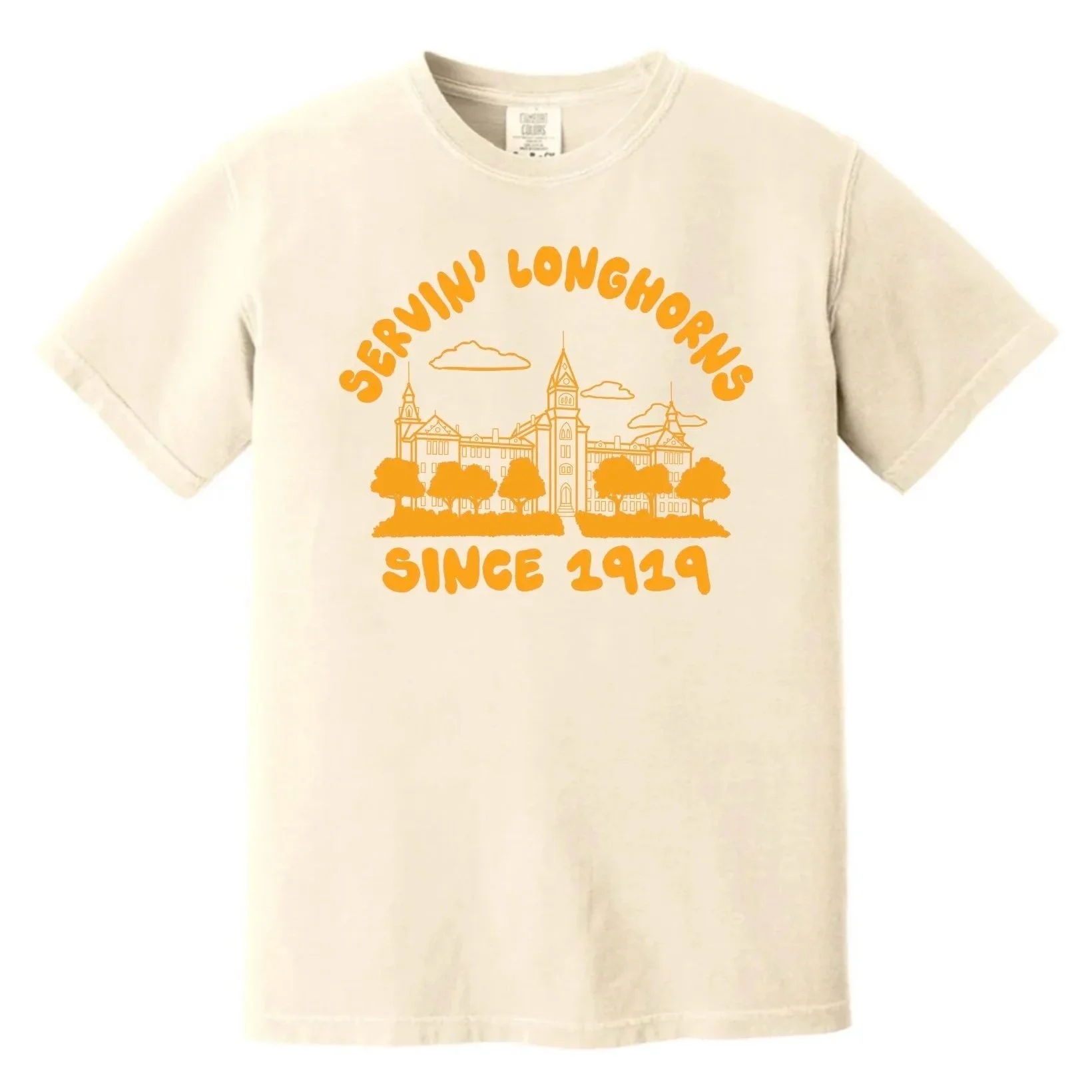 Old Main design in goldenrod on Ivory Comfort Color shirt
